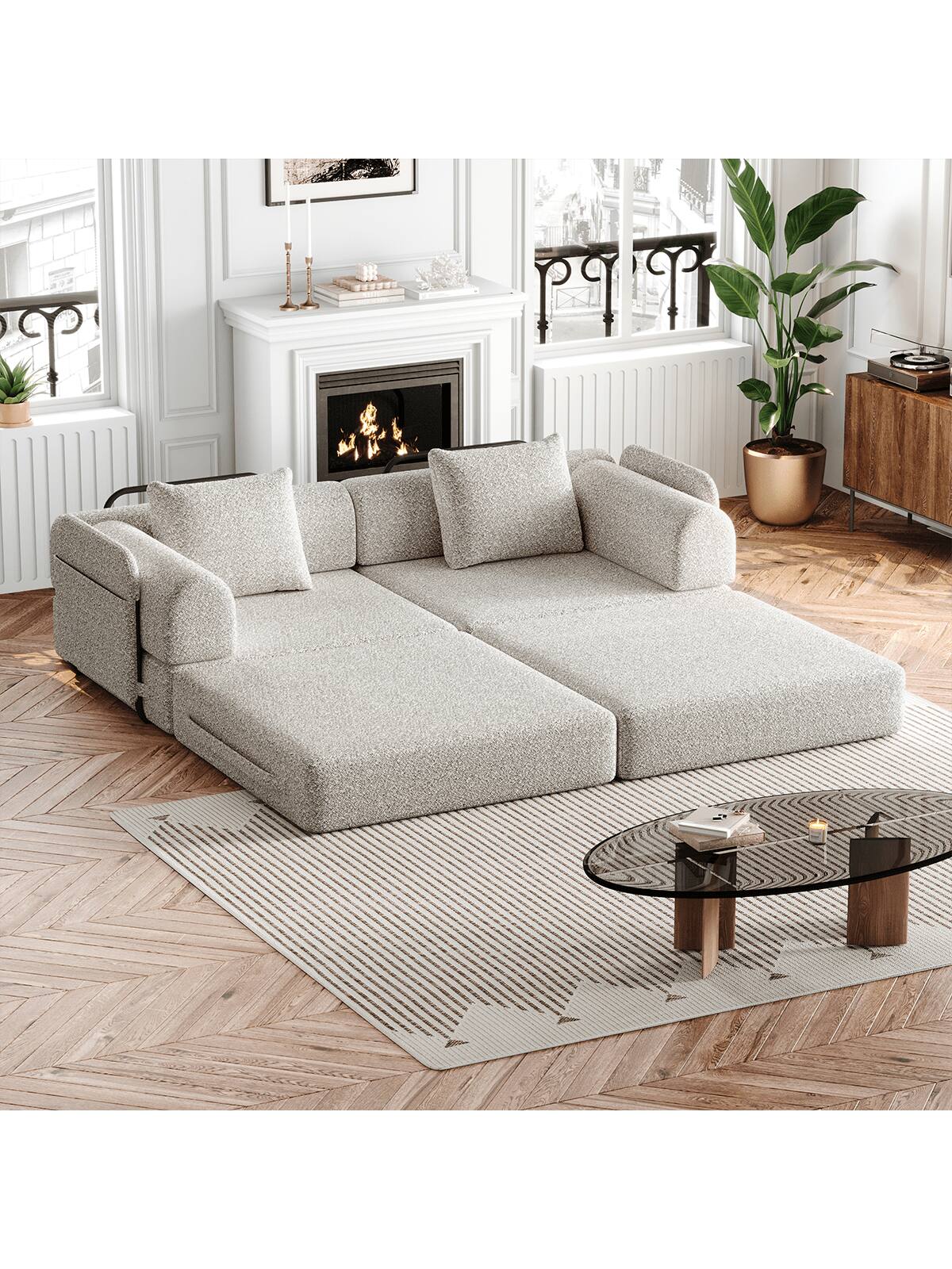 Back. Trinkets Crazed - Convertible Sofa Bed, 72.4"+ 72.4" Sectional Couch 4-Seater With Storage Pockets Modular Sleeper Couch - Beige.