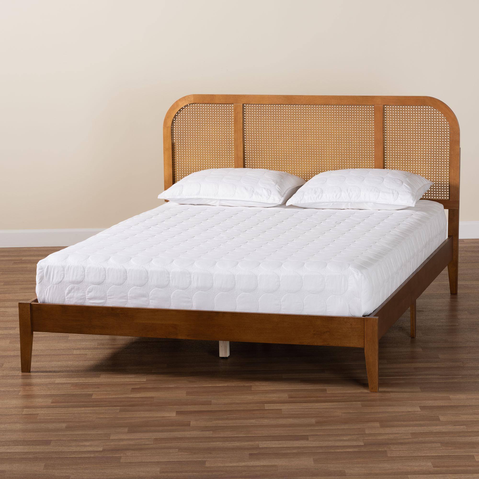 Alt View 4. Baxton Studio - Fleur Mid-Century Woven RatWood Queen Size Bed - Walnut Brown.