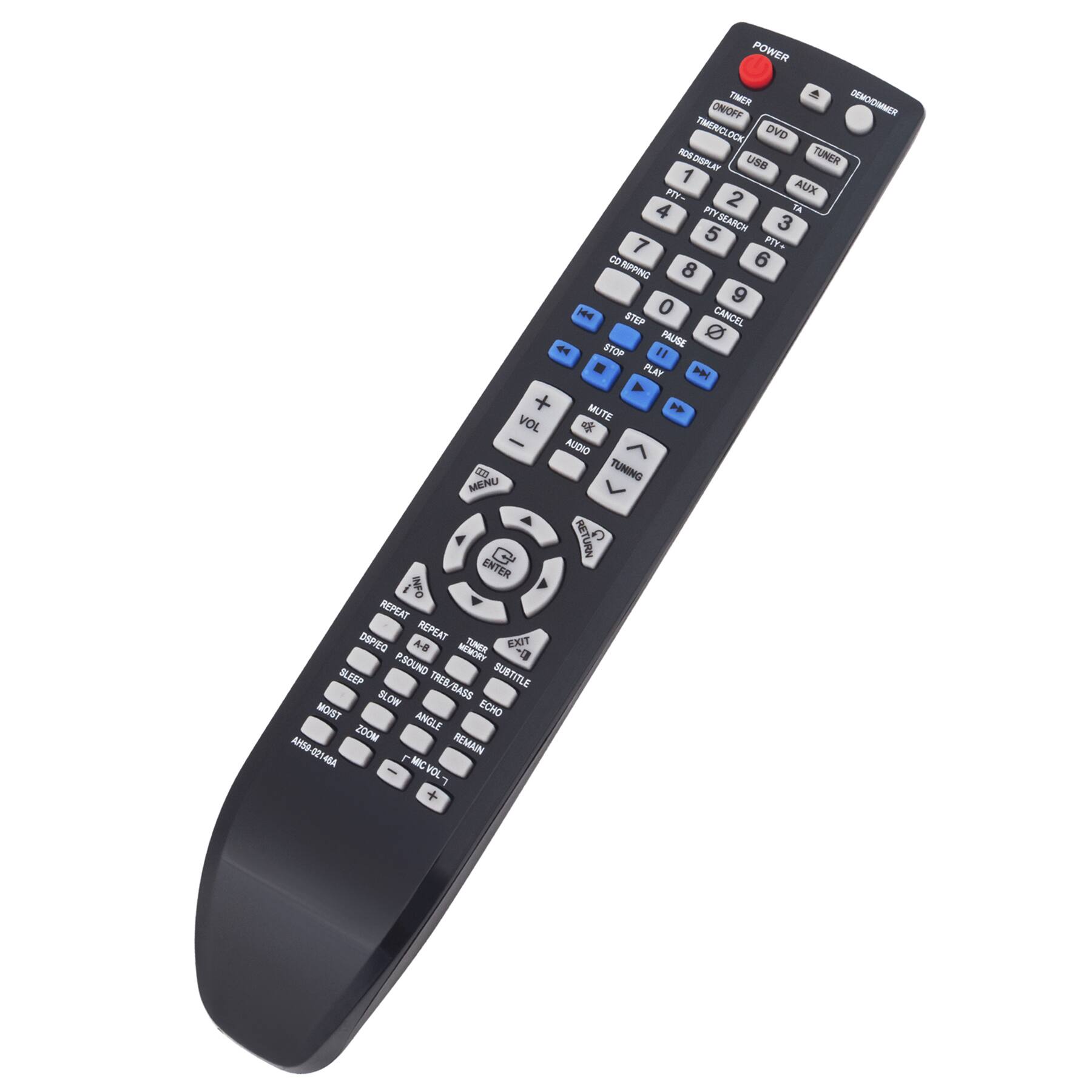 POWER TIMER DEMO ON/OFF TIMER LOCK DVD RDEOPLA USB TUNER 1 PTY- AUX 2 TA 4 PTY SEARCH PTY 3 5 PIY+ 7 CD RIPPING 8 6 9 M4 0 CANCEL STEP PAUSE STOP PLAY + MUTE VOL AUDIO TUNING MENU RETURN ENTER REPEAT DSPIEO REPEAT EXIT A TUNER - BLEEP PSOUND SUBTITLE SLOW TREB/BASS ECHO ANGLE ZOOM APSO REMAIN 4GA MIC VOL +