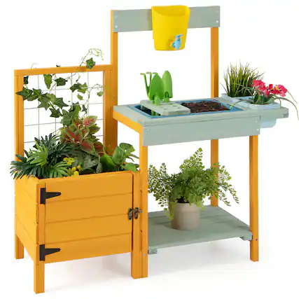 Front. Gymax - Gymax Wooden Potting Bench for Kids w/ See-Through Window Planter Box Garden Trellis - Yellow, Blue.