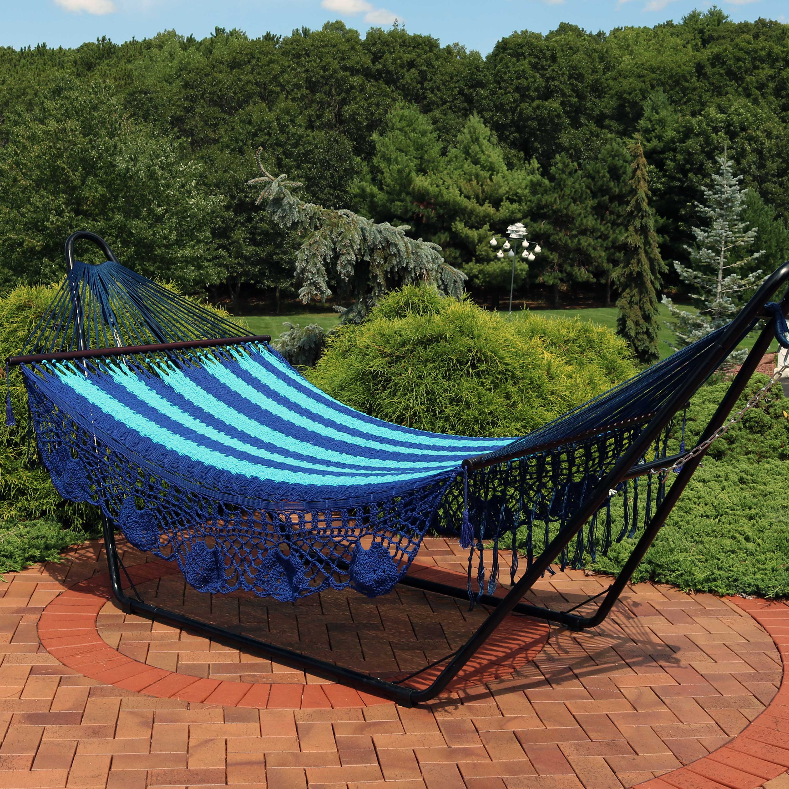 Alt View 3. Sunnydaze - 2-Person Woven Rope Hammock with Spreader Bars and Fringe - Blue.