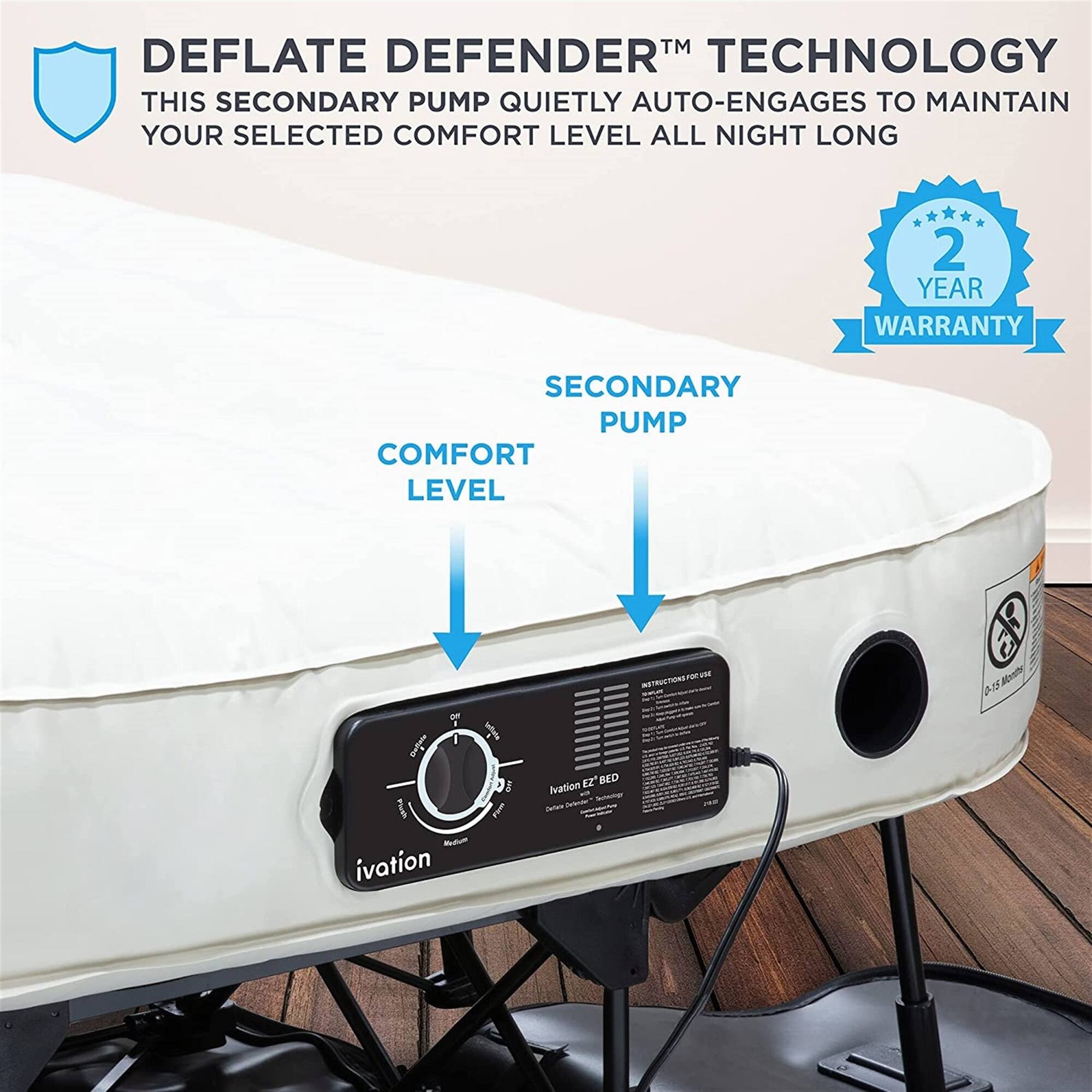 TM DEFLATE DEFENDER™ TECHNOLOGY THIS SECONDARY PUMP QUIETLY AUTO-ENGAGES TO MAINTAIN YOUR SELECTED COMFORT LEVEL ALL NIGHT LONG 2 YEAR WARRANTY SECONDARY PUMP COMFORT LEVEL I - ivation - I 1 - ISTRUETEN E2 BED Ivation Mmit