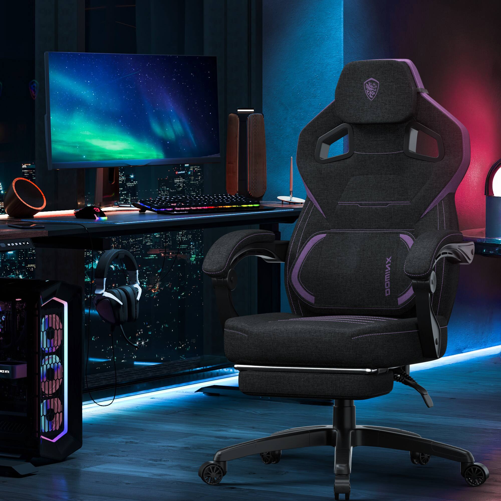 Alt View 3. Dowinx - Wide Back Gaming Chair with Footrest for Adults, Office Chair Big and Tall with Breathable Pocket Spring Cushion, Fabric - Purple.