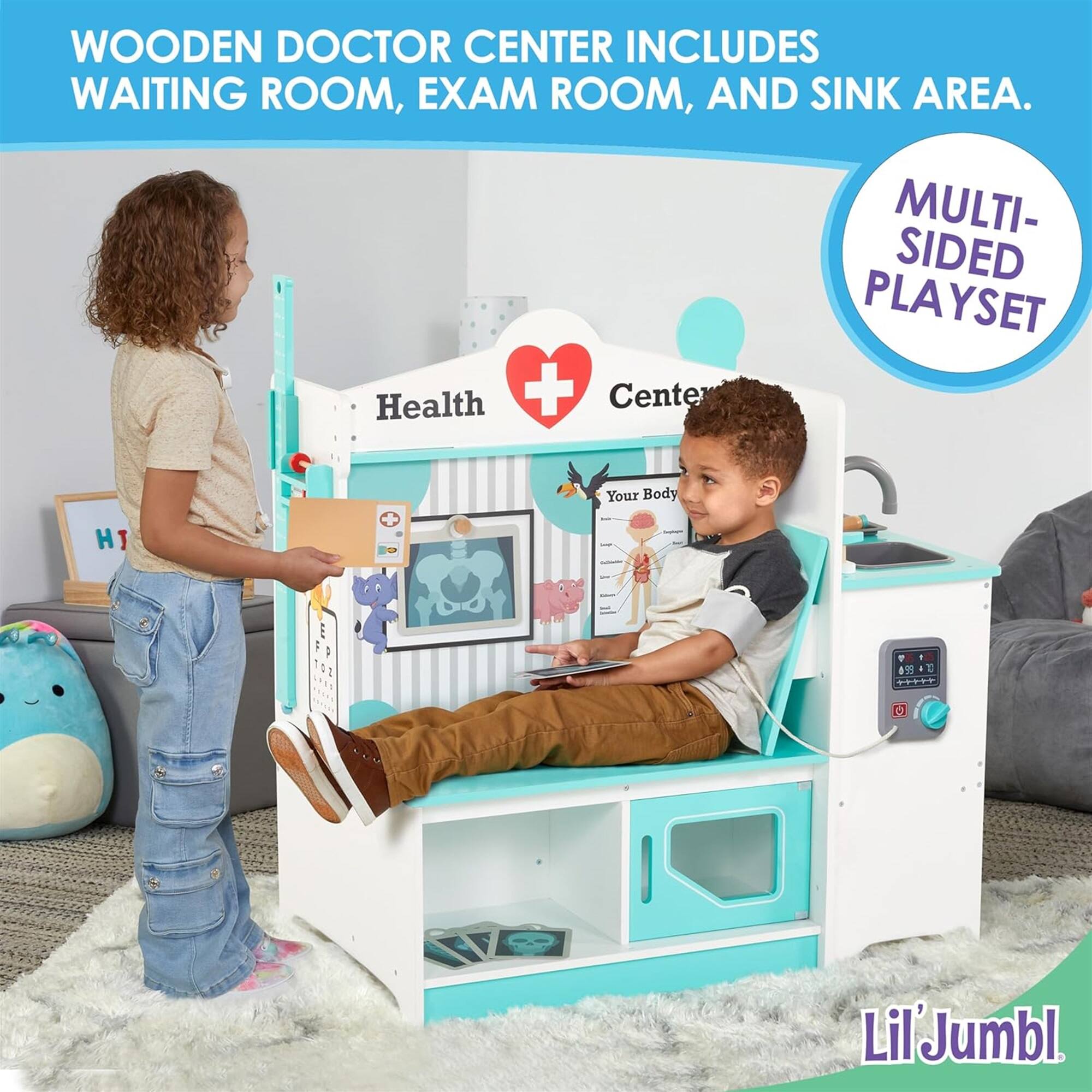 WOODEN DOCTOR CENTER INCLUDES WAITING ROOM, EXAM ROOM, AND SINK AREA.

G Health + Center Your Body MULTI-SIDED PLAYSET

Lil'Jumbl