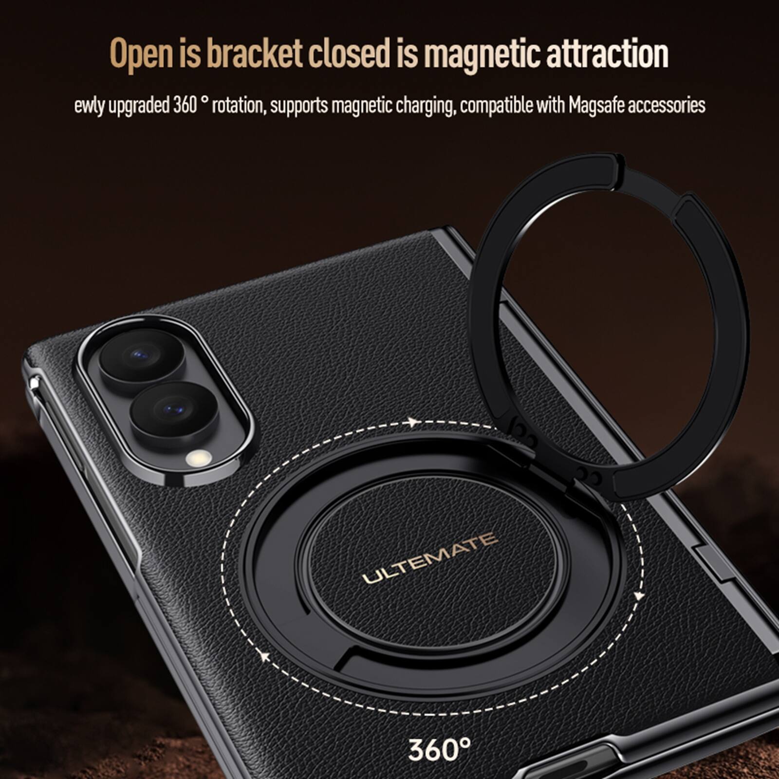 Open is bracket closed is magnetic attraction  
ewly upgraded 360° rotation, supports magnetic charging, compatible with Magsafe accessories