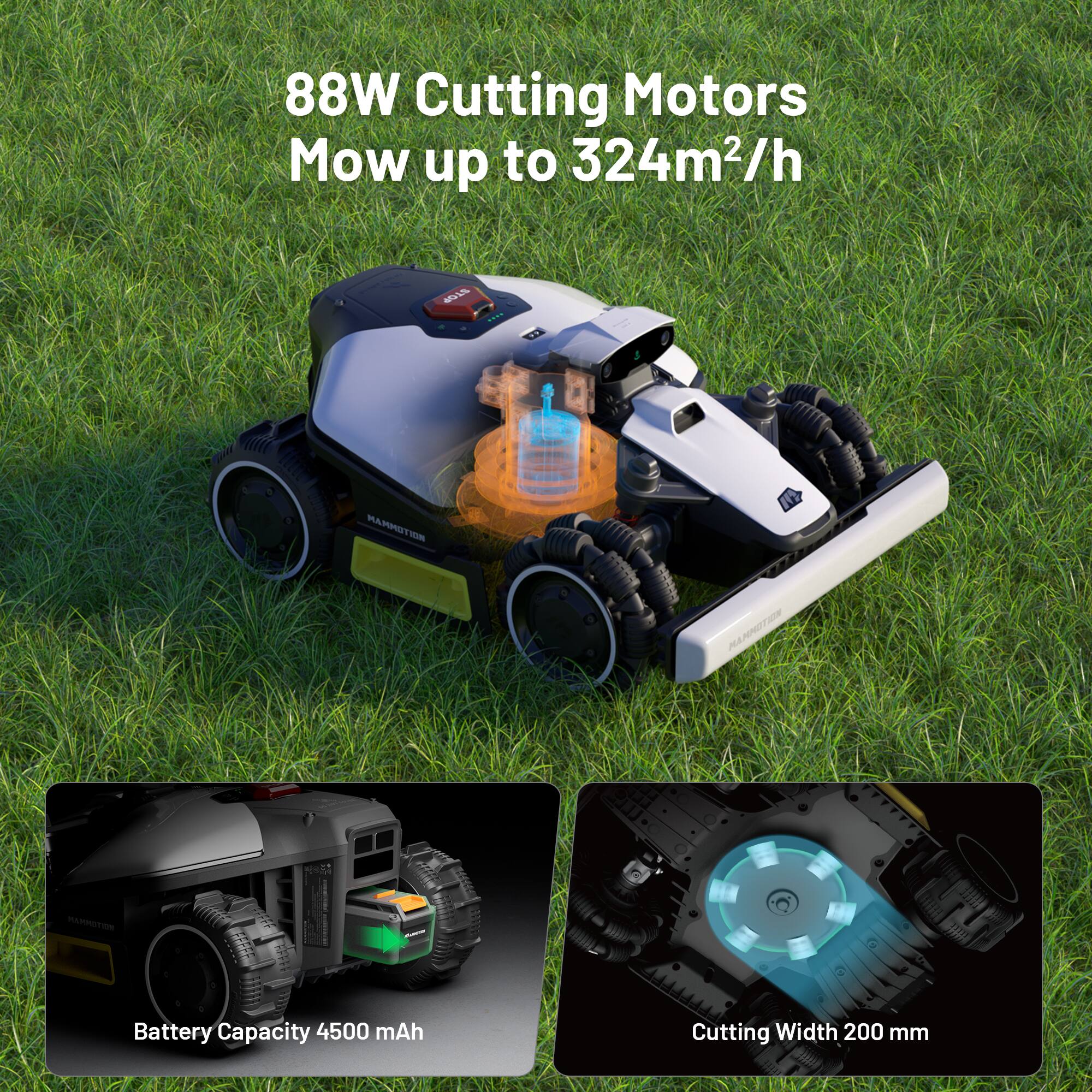88W Cutting Motors  
Mow up to 324m²/h  

Battery Capacity 4500 mAh  

Cutting Width 200 mm