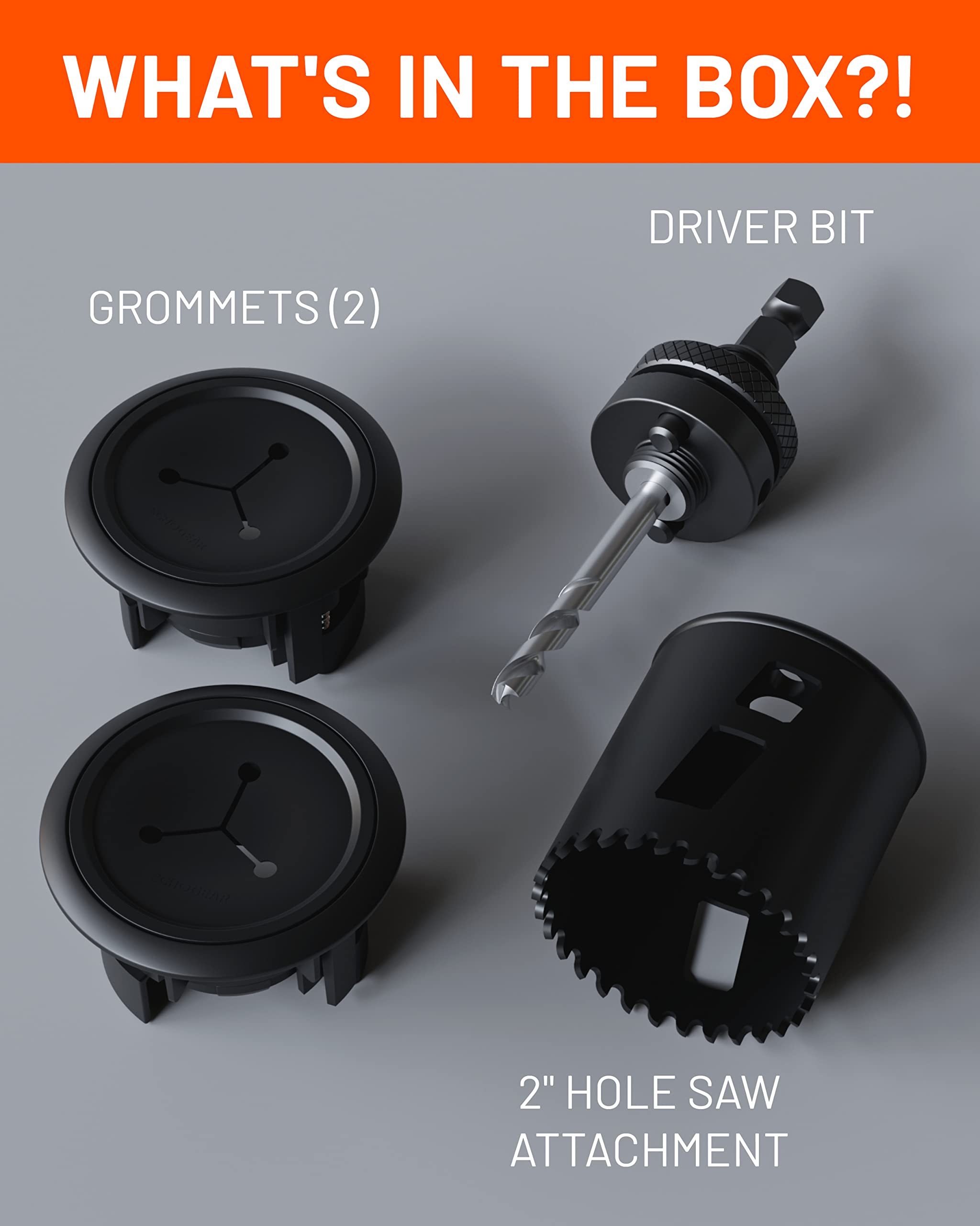 What's in the box? Driver bit, grommets (2), 2" hole saw attachment.