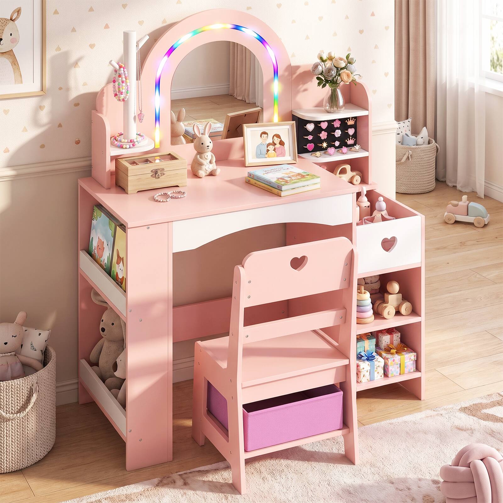 Alt View 1. Costway - Costway Kids Vanity Set with Colorful LED Lights Jewelry Stand Storage Shelves Ring Slots - Pink.