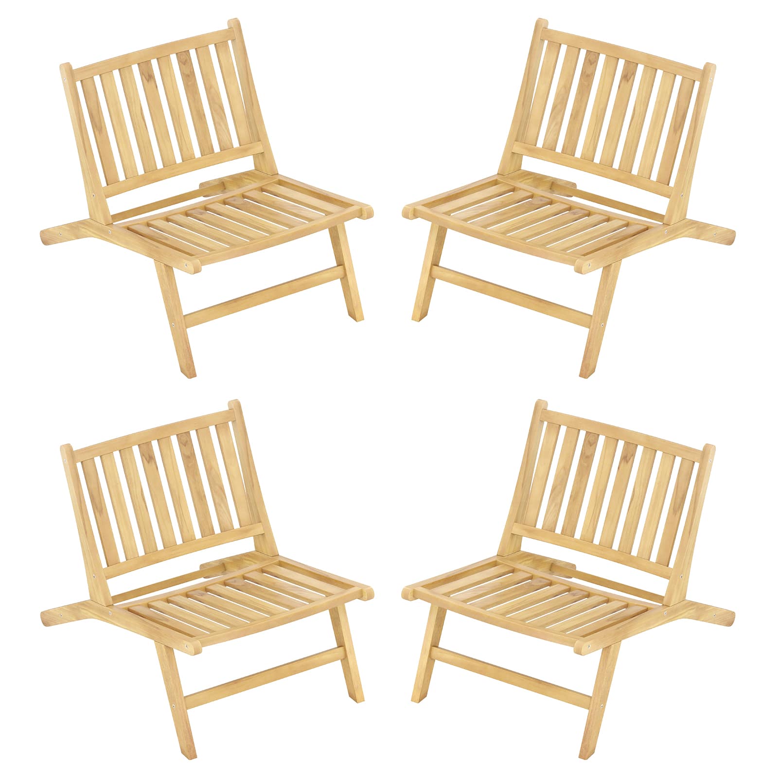 Gymax - 4PCS Teak Wood Outdoor Reclining Chair Mid Century Accent Chair w/ Backrest - Natural