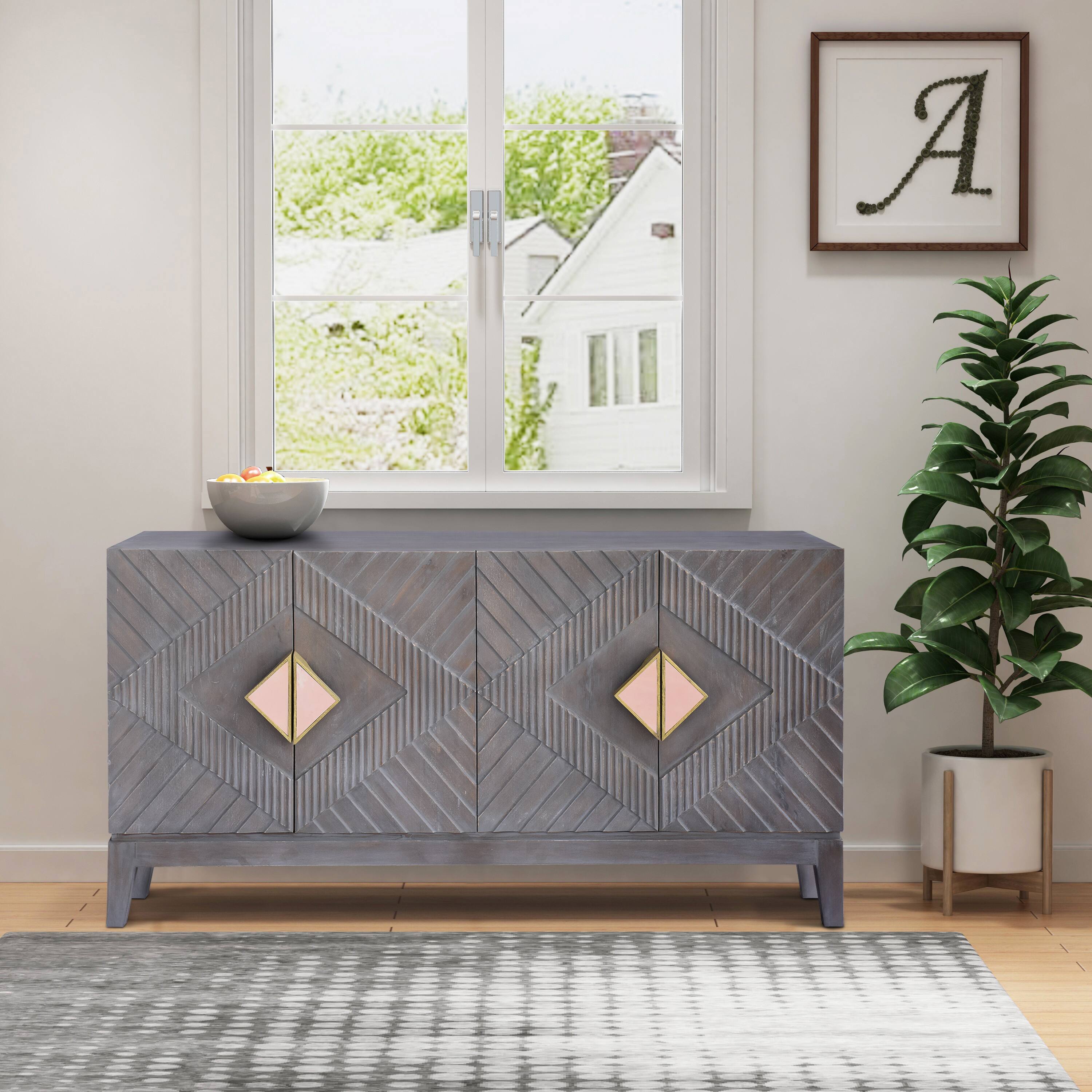 Alt View 7. Manhattan Lane - Abiel 55 Inch Mango Wood Sideboard Buffet Cabinet Console, 4 Doors, Inner Shelf, Ornate Diamond Carving - Gray, Gold.