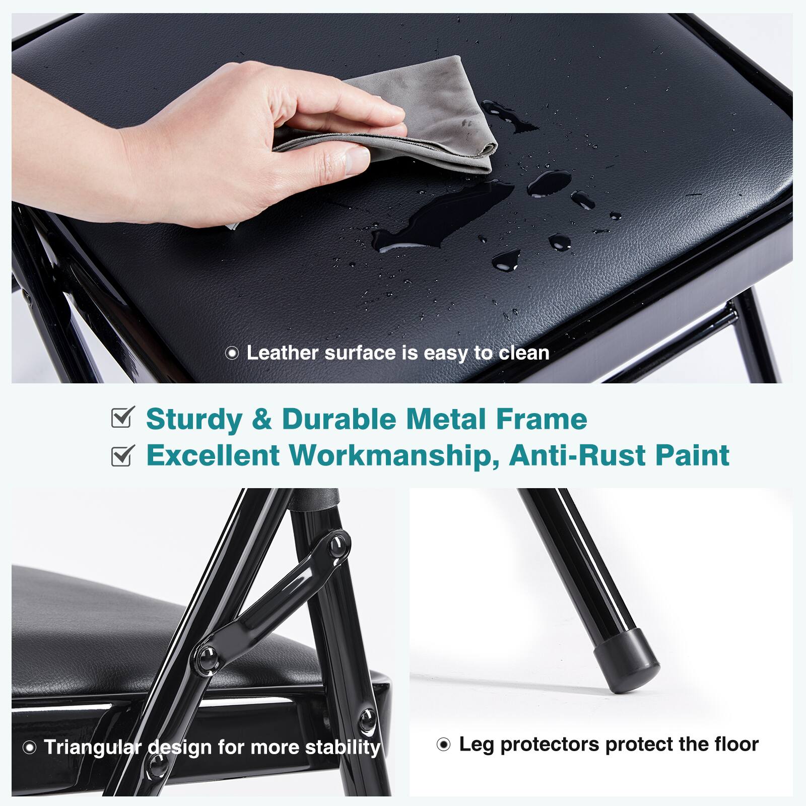 - Leather surface is easy to clean
- Sturdy & Durable Metal Frame
- Excellent Workmanship, Anti-Rust Paint
- Triangular design for more stability
- Leg protectors protect the floor