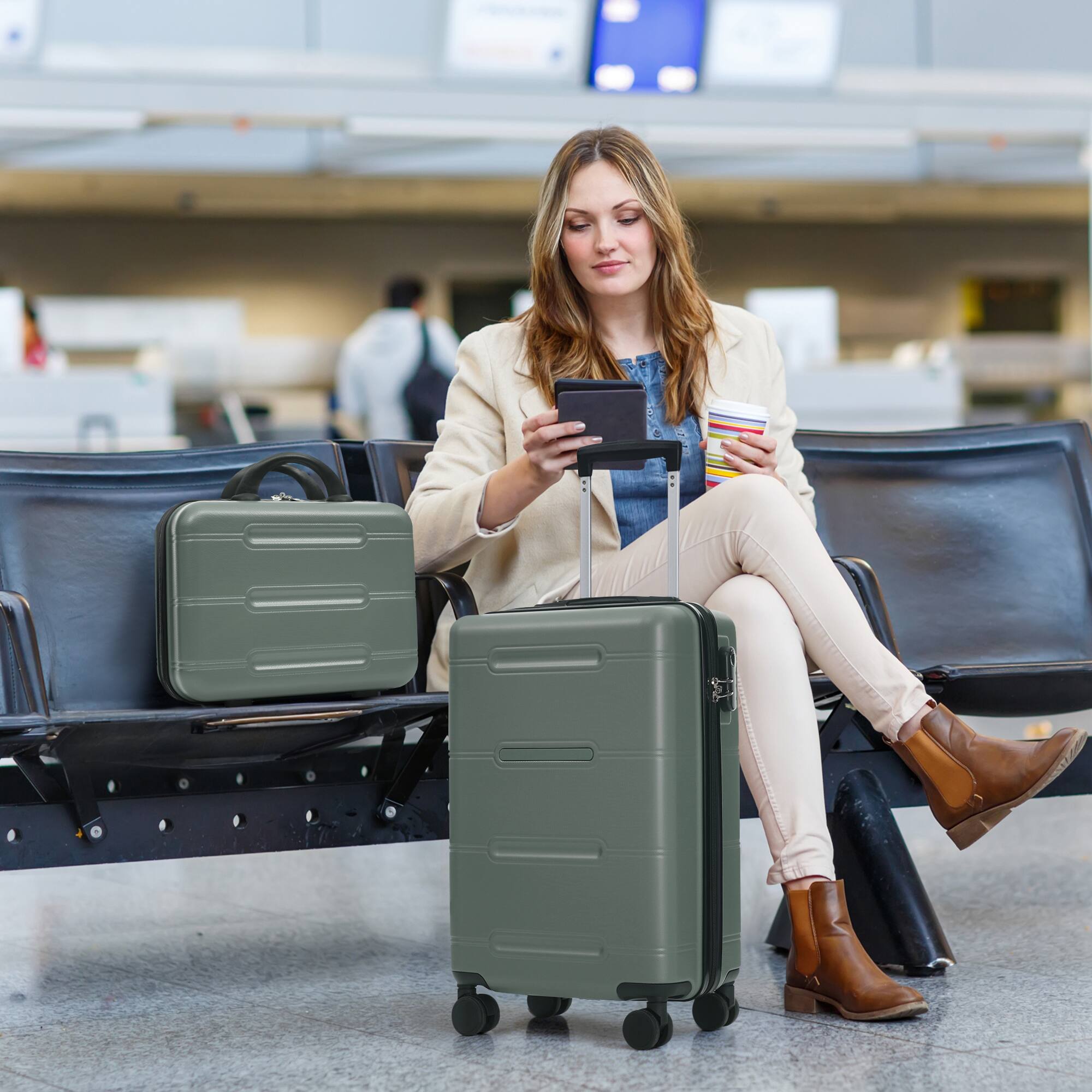 Alt View 1. Ecooso - 6-Piece ABS Hard Shell Luggage Set with Double Spinner Wheels, Password Lock, 14" Case, Duffel & Toiletry Bag - Army Green.