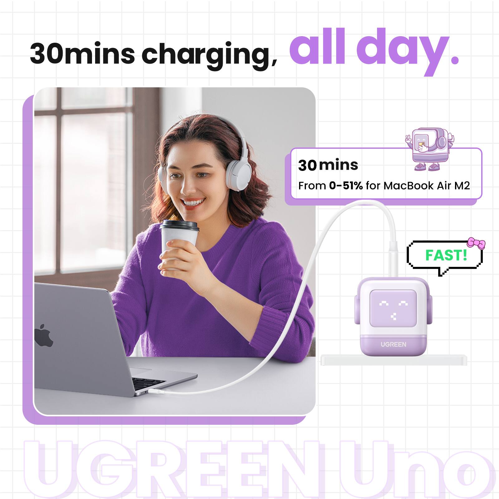 30mins charging, all day.

30mins From 0-51% for MacBook Air M2 FAST!

UGREEN Uno