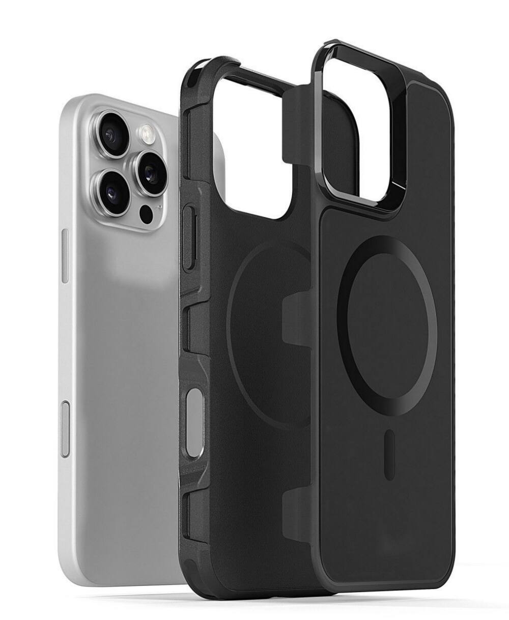 Back. BEARSOLIM - Dual Layer MagSafe Compatible Rugged Armor Protective Case made for iPhone 16 Pro - black.