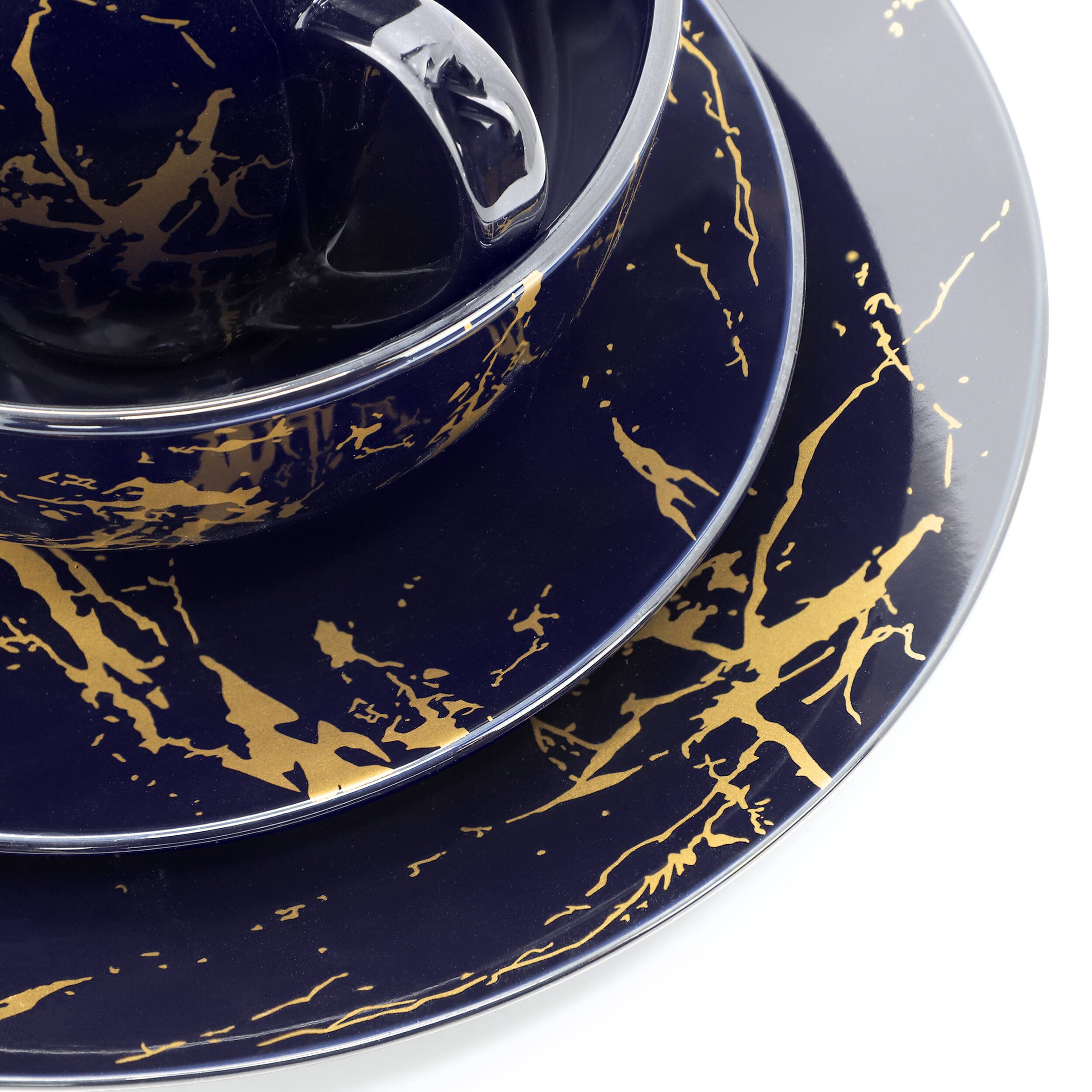 Alt View 4. Elama - Elama Fine Marble 16 Piece Porcelain Dinnerware Set in Dark Blue with Gold Veining - Dark Blue and Gold.