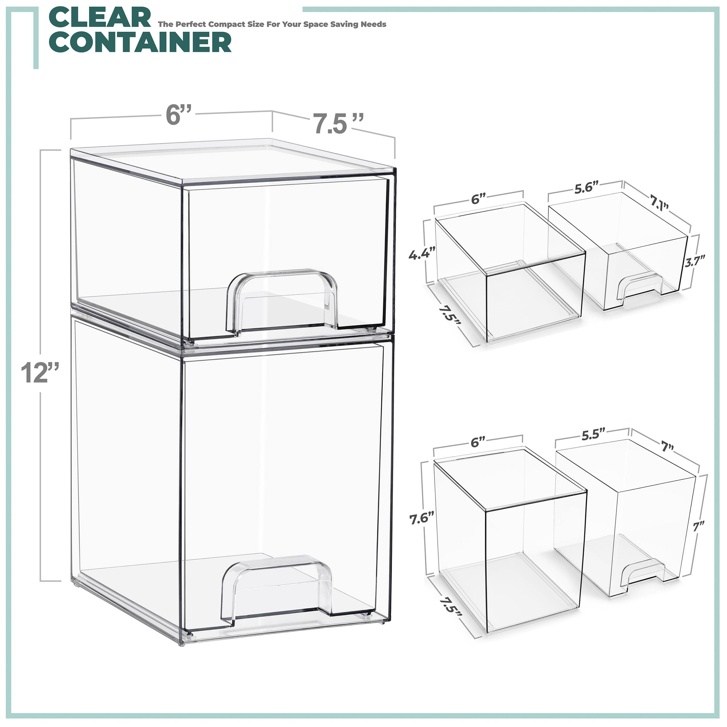 CLEAR CONTAINER  
The Perfect Compact Size For Your Space Saving Needs  

- 6" x 7.5" x 12"  
- 6" x 5.6" x 7.1"  
- 6" x 5.5" x 7"  
- 6" x 7.6" x 7"