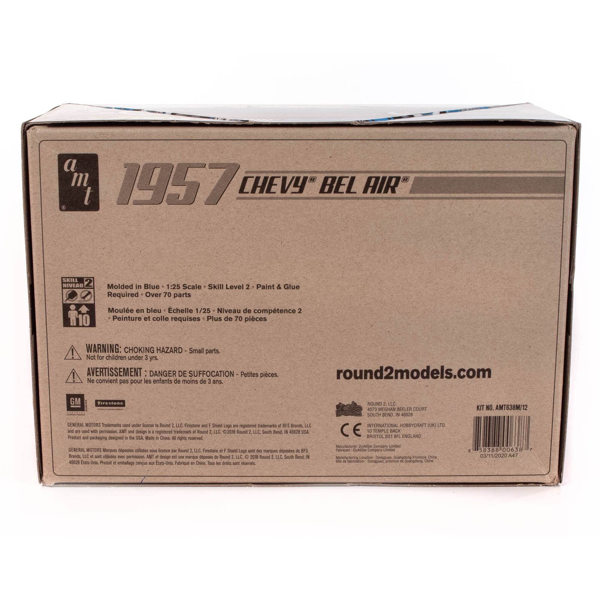 A 1957 Chevy Bel Air model kit made by Round 2 Models. The kit includes over 70 parts and requires skill level 2. It is a 1:25 scale model and is suitable for ages 12 and up. The kit is made in the USA and comes with a full-color instruction manual. The box also warns of choking hazards due to small parts and advises not to use the kit for children under 3 years old.