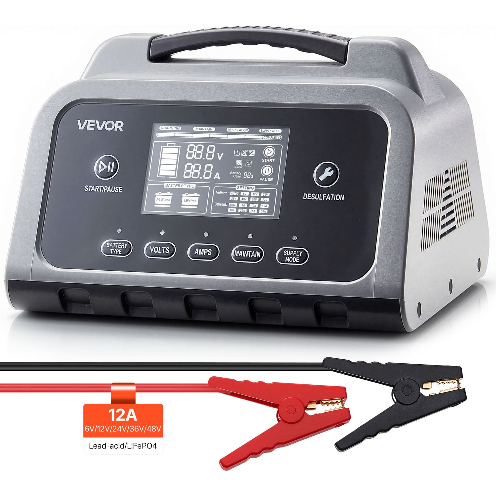 VEVOR - Smart Battery Charger, 12A, 6V 12V 24V 36V 48V Lithium LiFePO4 Lead-Acid (Gel / AGM) Car Battery Charger