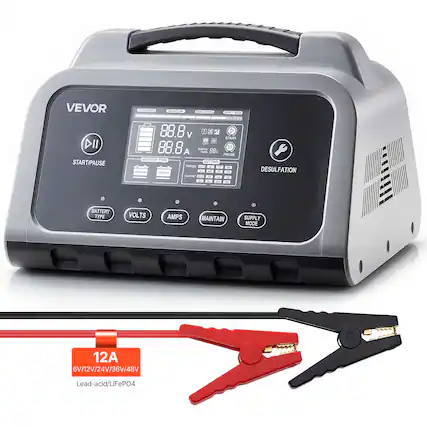 VEVOR
START/PAUSE
CHARGING MAINTAIN DESULFATION
BATTERY TYPE: Lead-acid/LiFePO4
VOLTS: 88.8 V
AMPS: 88.8 A
MAINTAIN
SUPPLY MODE
12A
6V/12V/24V/36V/48V
Lead-acid/LiFePO4