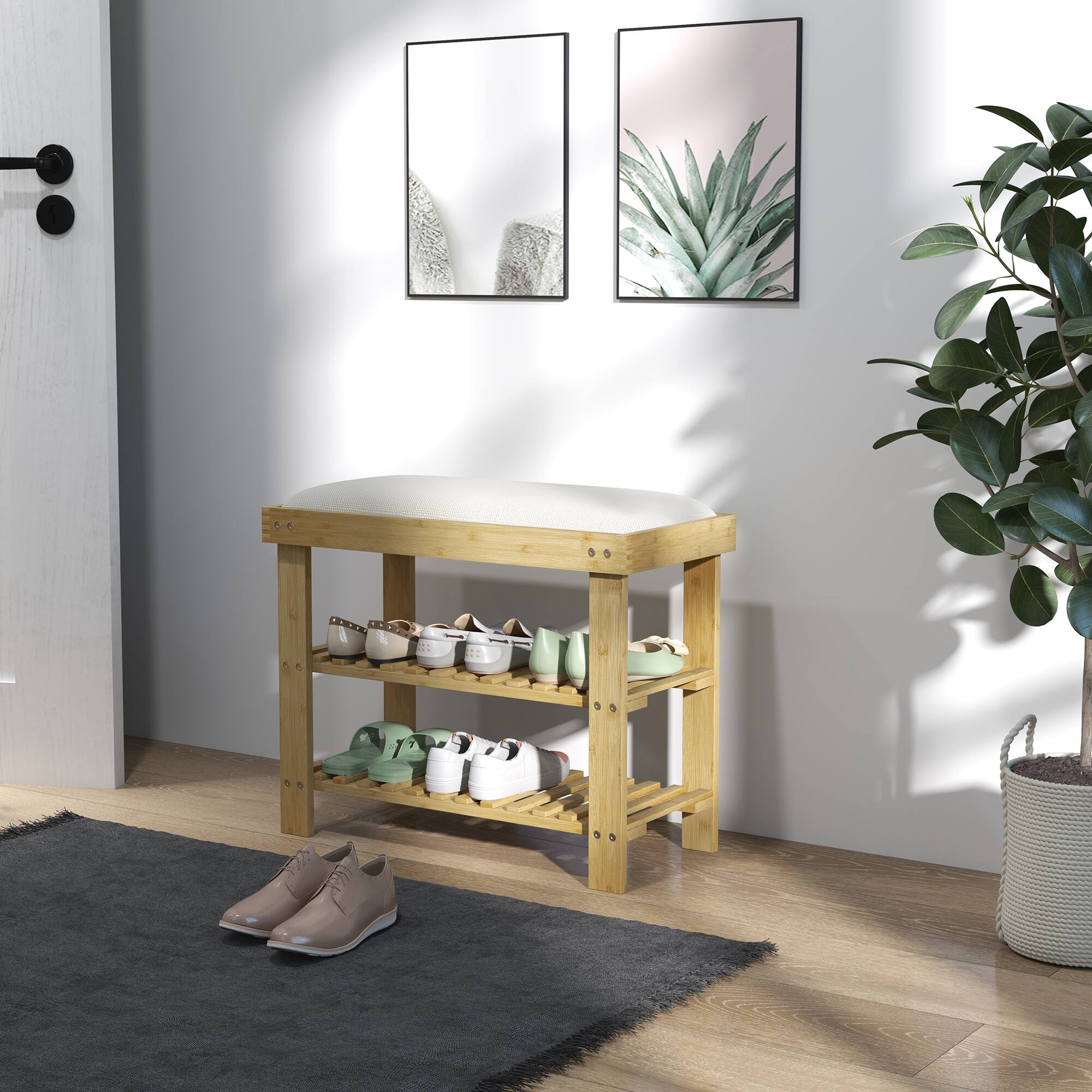 Alt View 7. Homcom - Bamboo Shoe Bench, 3-Tier Entryway Bench with Storage and Cushion, Shoe Organizer for Entryway, Hallway - Cream White.
