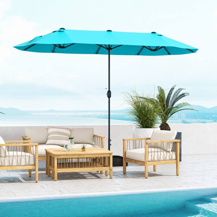 Left. Mondawe - 13 FT Double-Sided Patio Twin Umbrella with Crank Handle - Turquoise.