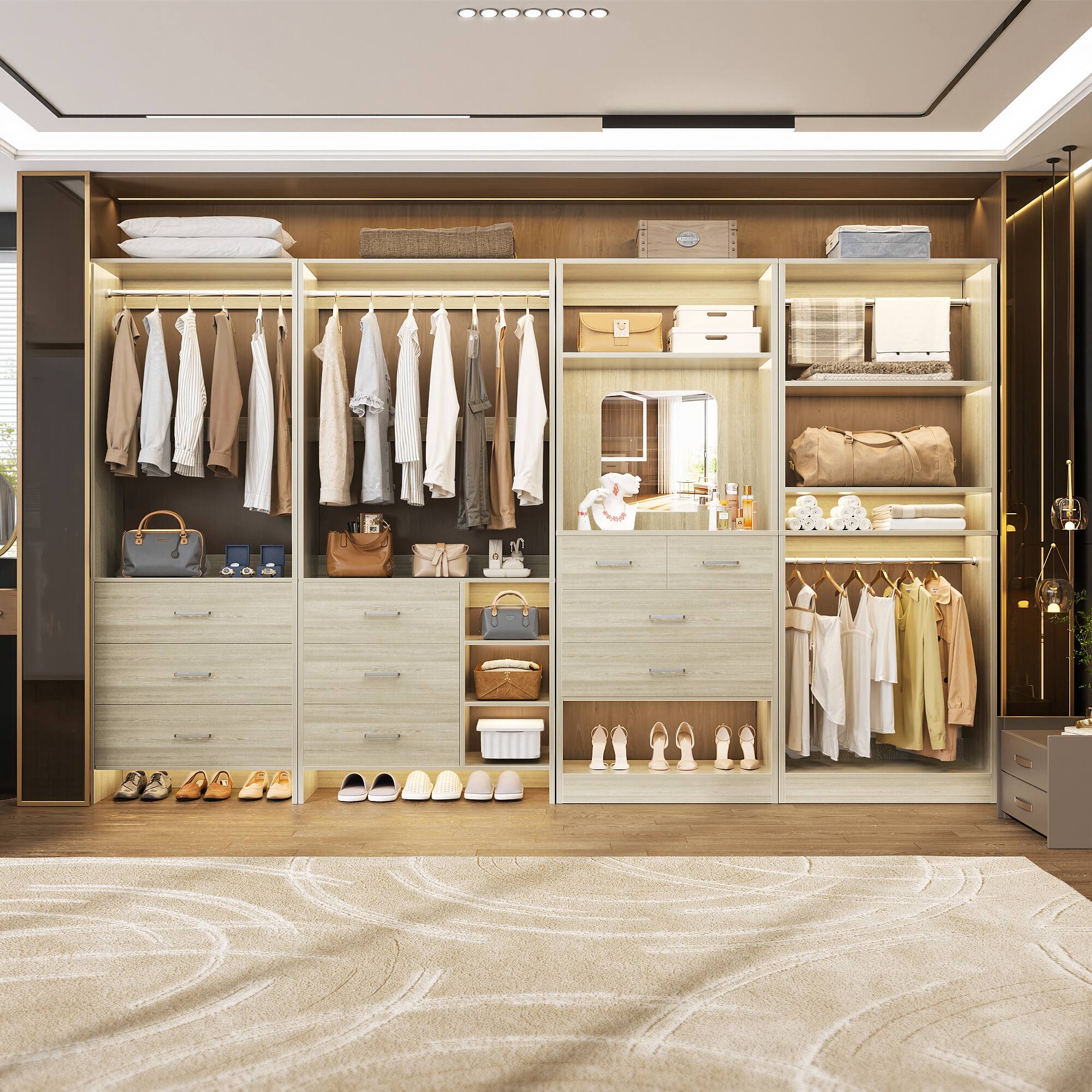 Front. Aheaplus - 104'' Width Closet Organizer System Set, with 10 Drawers, 4 Hanging Rods, 15 Open Shelves & a Mirror, 4 Packs - Beige Oak.