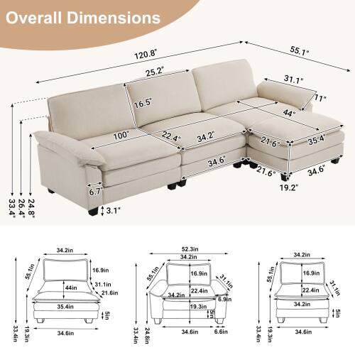 Sure, here are the corrected and grouped dimensions from the image:

**Overall Dimensions:**
- Length: 120.8"
- Width: 25.2"
- Height: 31.1"
- Depth: 34.2"
- Seat Height: 19.2"
- Arm Height: 22.4"
- Back Height: 34.6"
- Seat Depth: 21.6"
- Arm Width: 16.5"
- Leg Height: 3.1"
- Width of Seat: 100"
- Width of Arm: 24.8"
- Width of Back: 55.1"
- Width of Seat Cushion: 34.2"
- Width of Armrest: 34.6"
- Width of Backrest: 55.1"
- Width of Seat Cushion: 34.2"
- Width of Armrest: 34.6"
- Width of Backrest: 55.1"
- Width of Seat Cushion: 34.2"
- Width of Armrest: 34.6"
- Width of Backrest: 55.1