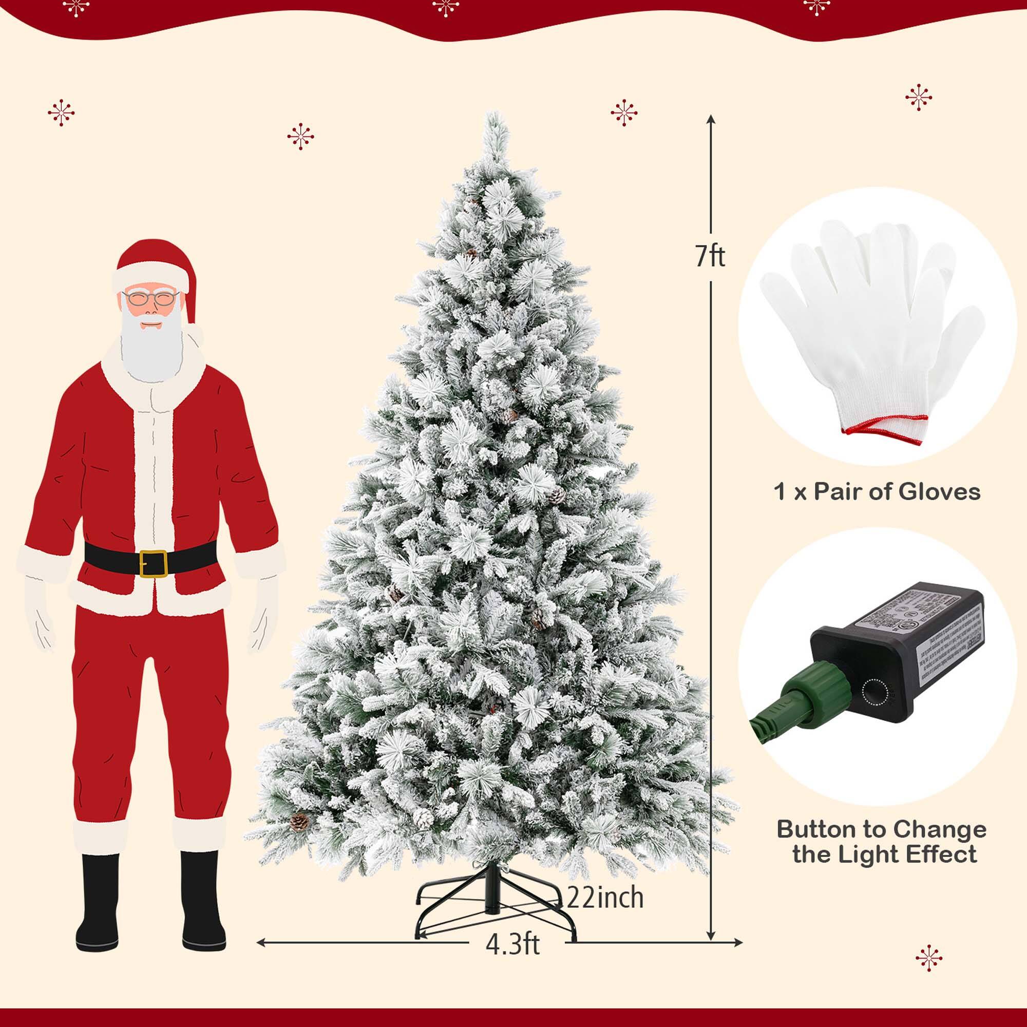 The image features a Christmas tree next to a Santa Claus figure. The tree is decorated with white lights, and there is a button to change the light effect. Additionally, there is a pair of gloves in the image, which are likely meant to be used for outdoor activities during the winter season. The Santa Claus figure is standing next to the tree, adding to the festive atmosphere of the scene.