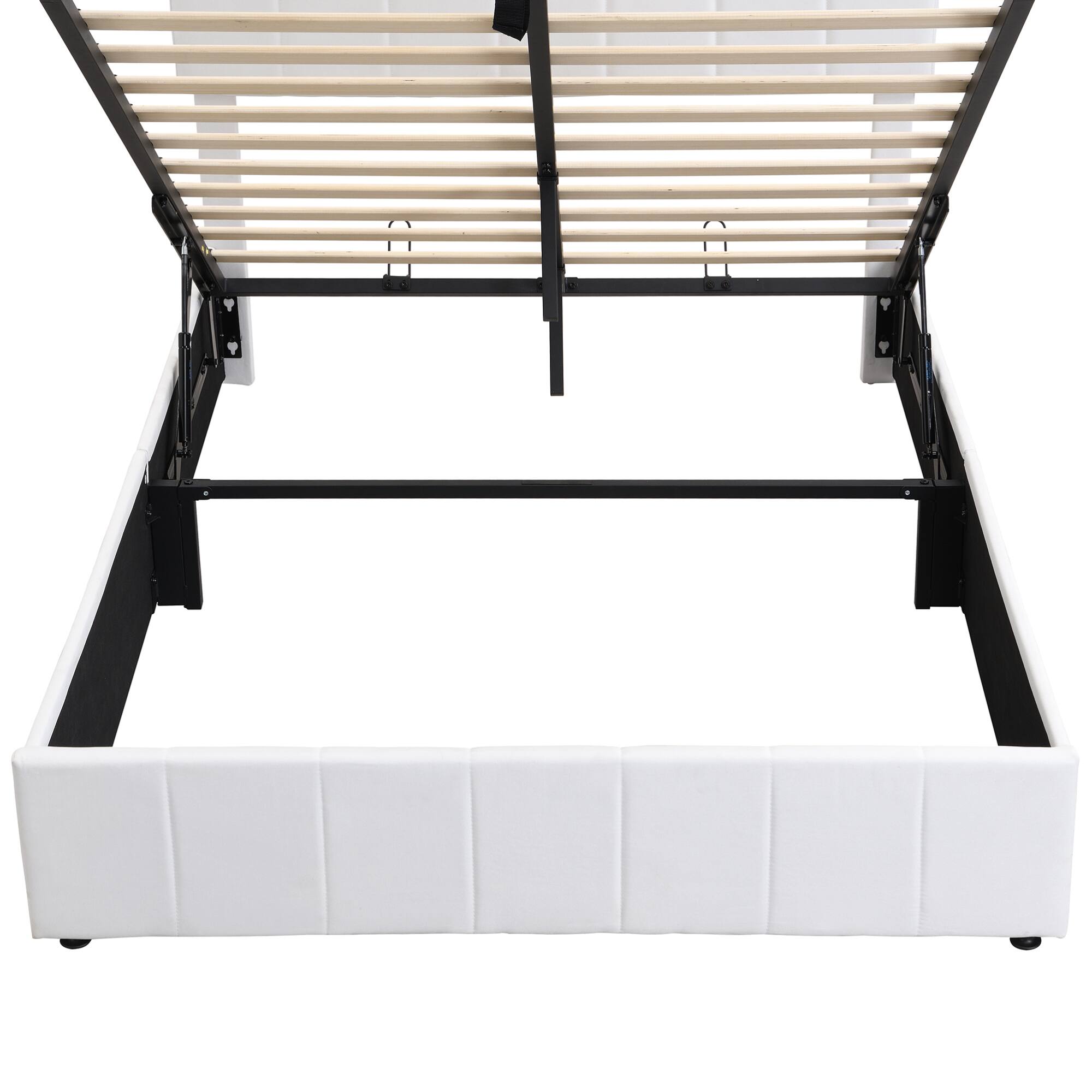Alt View 9. GOODSILO - Full Size Upholstered Platform Bed with Hydraulic Storage System and Wooden Slat Support - White.