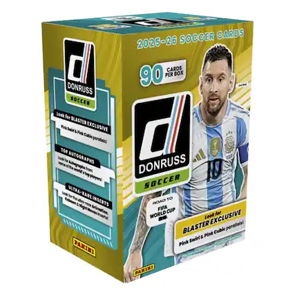 0 DONRUSS SOCCER Look for BLASTER Pink Swirl & Pink Cubic parallels! TOP Lock for AUTOGRAPHS Autographs from some of the world's top players! Look for ULTRA-RARE RARE INSERTS Moves Animation, inserts! PAKINI SOCCER CARDS 2025-26 CARDS 90 PER BOX 0 DONRUSS 10 SOCCER TO ROAD FIFA CUP WORLD Look for EXCLUSIVE BLASTER Cubic parallels! & Pink Swirl