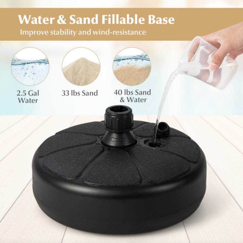 Water & Sand Fillable Base  
Improve stability and wind-resistance  

2.5 Gal Water  
33 lbs Sand  
40 lbs Sand & Water