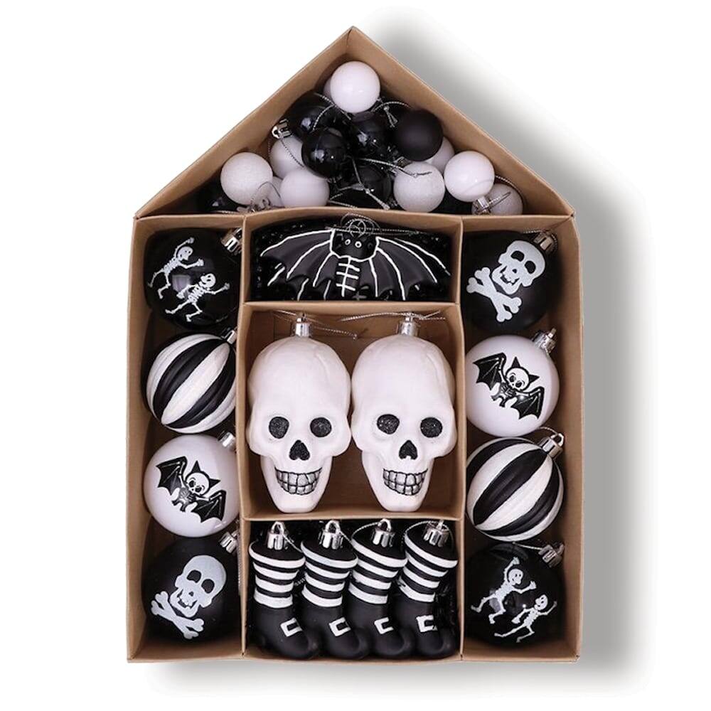 Front. OrnamentallyYou - Halloween Skeleton Black and White Ornament Set - Multi-colored.