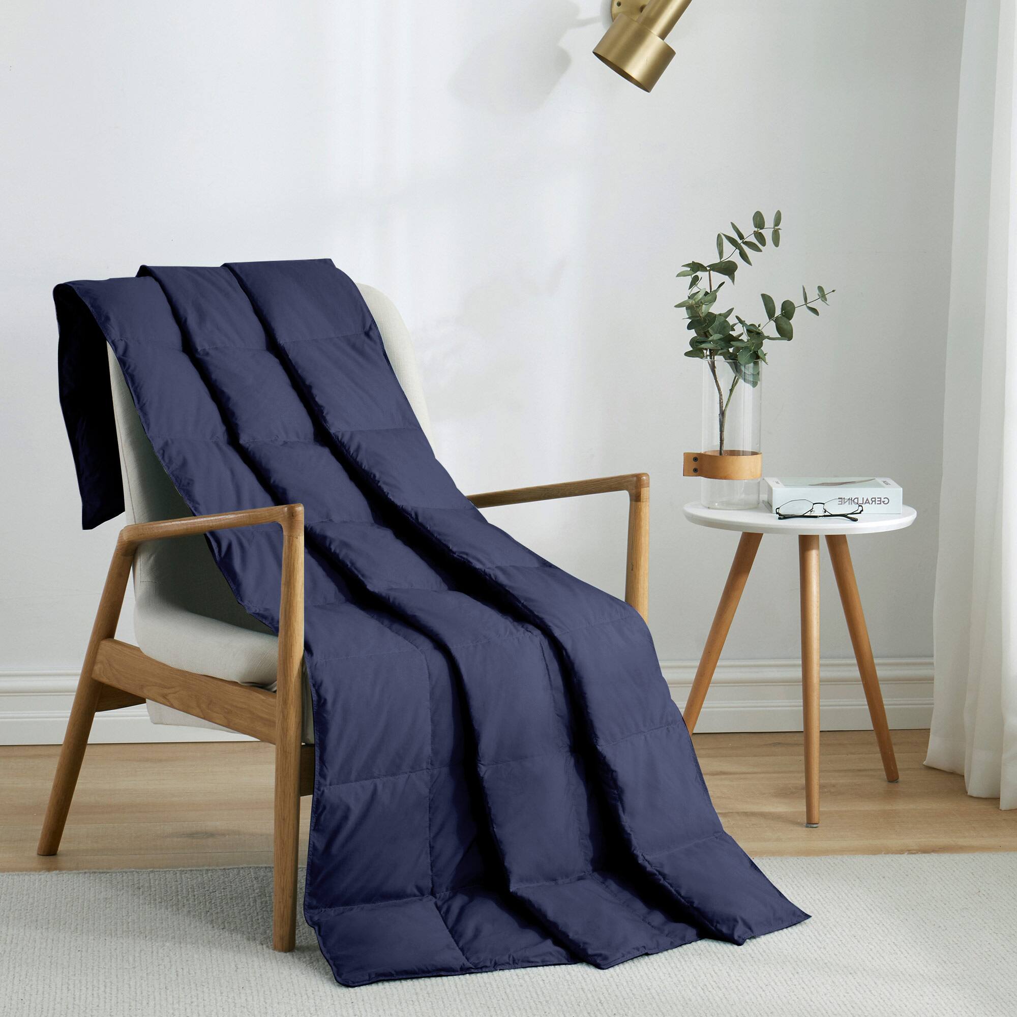 Angle. Peace Nest - Peace Nest Lightweight Feather Down Throw Blanket, Navy - Navy.