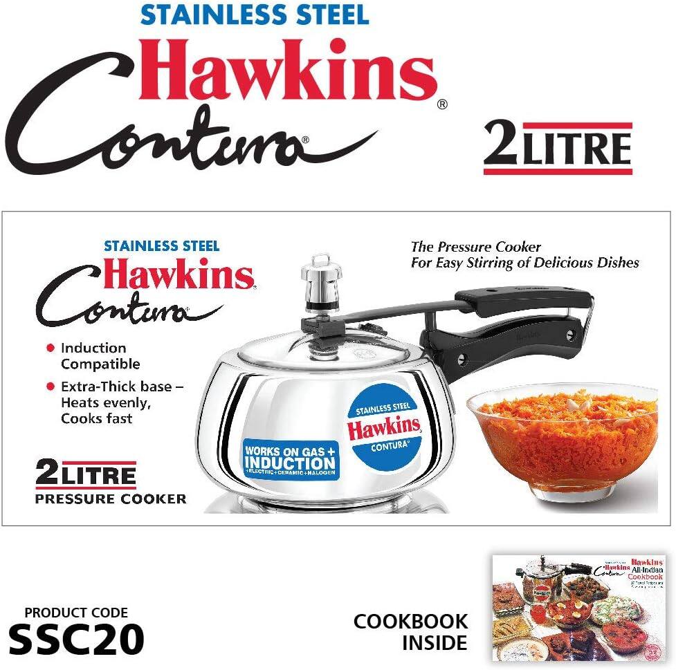 STAINLESS STEEL Hawkins Contura 2Litre Stainless Steel Pressure Cooker for Easy Stirring of Delicious Dishes. Hawkins Contura Induction Compatible Extra-Thick Base Heats Evenly, Cooks Fast. Works on Gas + Induction 2 Litre Pressure Cooker. Hawkins Hawking All-Indian Contura Cookbook. Product Code SSC20. Cookbook Inside.