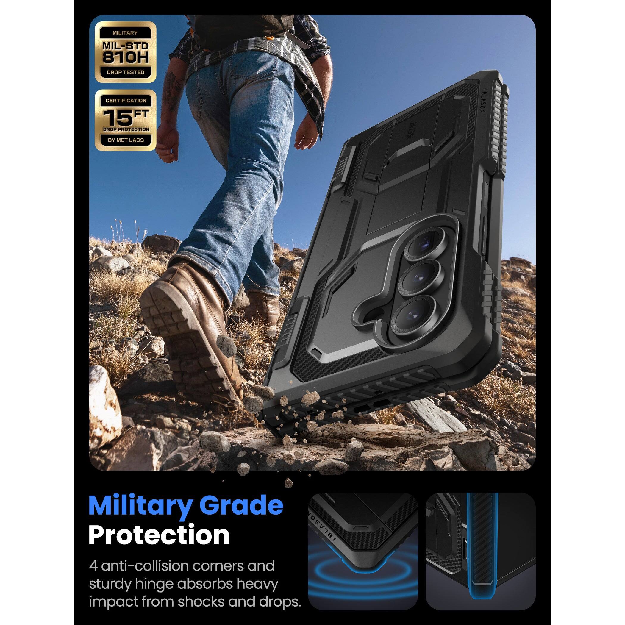 MILITARY  
MIL-STD 810H  
DROP TESTED  

CERTIFICATION  
15FT DROP PROTECTION  
BY MET LABS  

Military Grade Protection  

4 anti-collision corners and sturdy hinge absorbs heavy impact from shocks and drops.