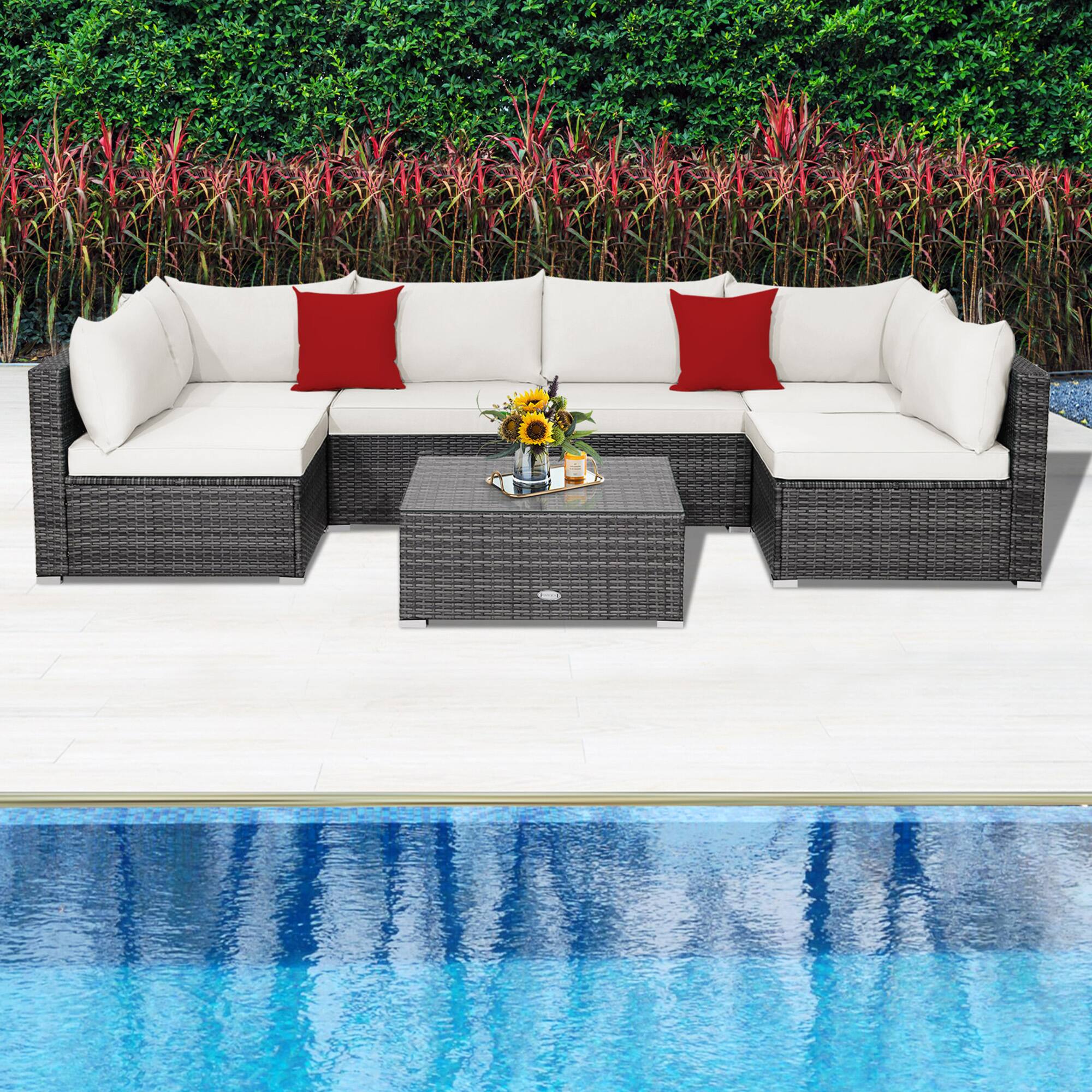 Alt View 9. Gymax - Gymax 7PCS Patio Rattan Sectional Sofa Set Outdoor Furniture Set w/ Off White Cushions - Off White.