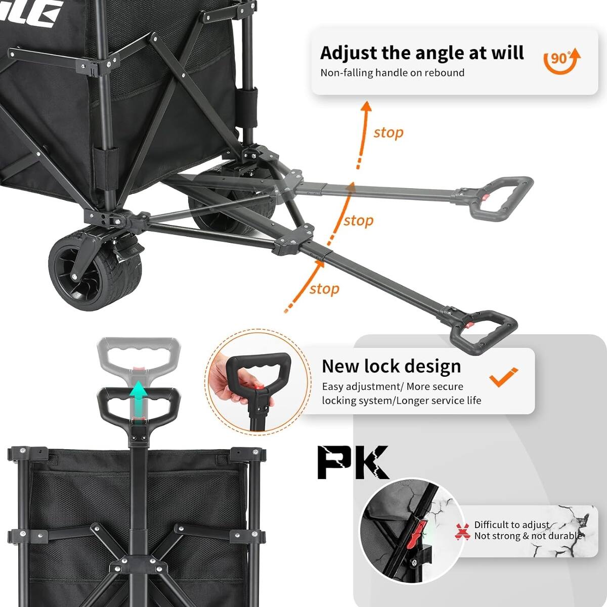 Adjust the angle at will  
Non-falling handle on rebound

90°

stop  
stop  
stop

New lock design  
Easy adjustment/ More secure locking system/ Longer service life

PK

Difficult to adjust  
Not strong & not durable