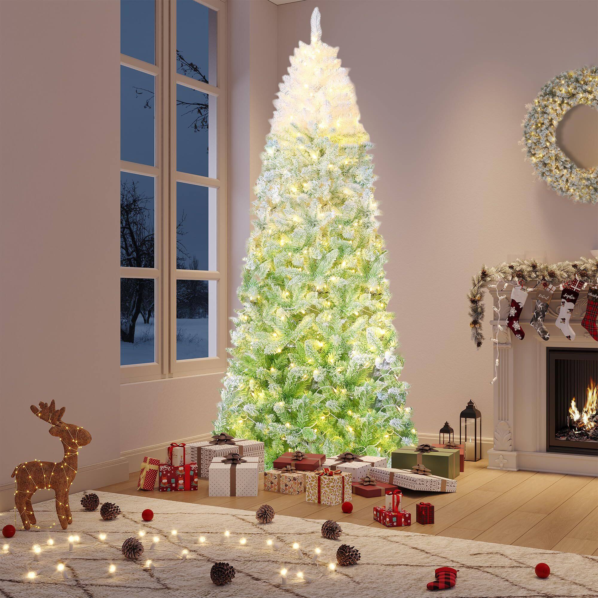 Alt View 7. Acekool - 7.5ft Snow Flocked Pencil Christmas Tree with Pink Gradient, Slim Artificial Xmas Tree - White+Green.