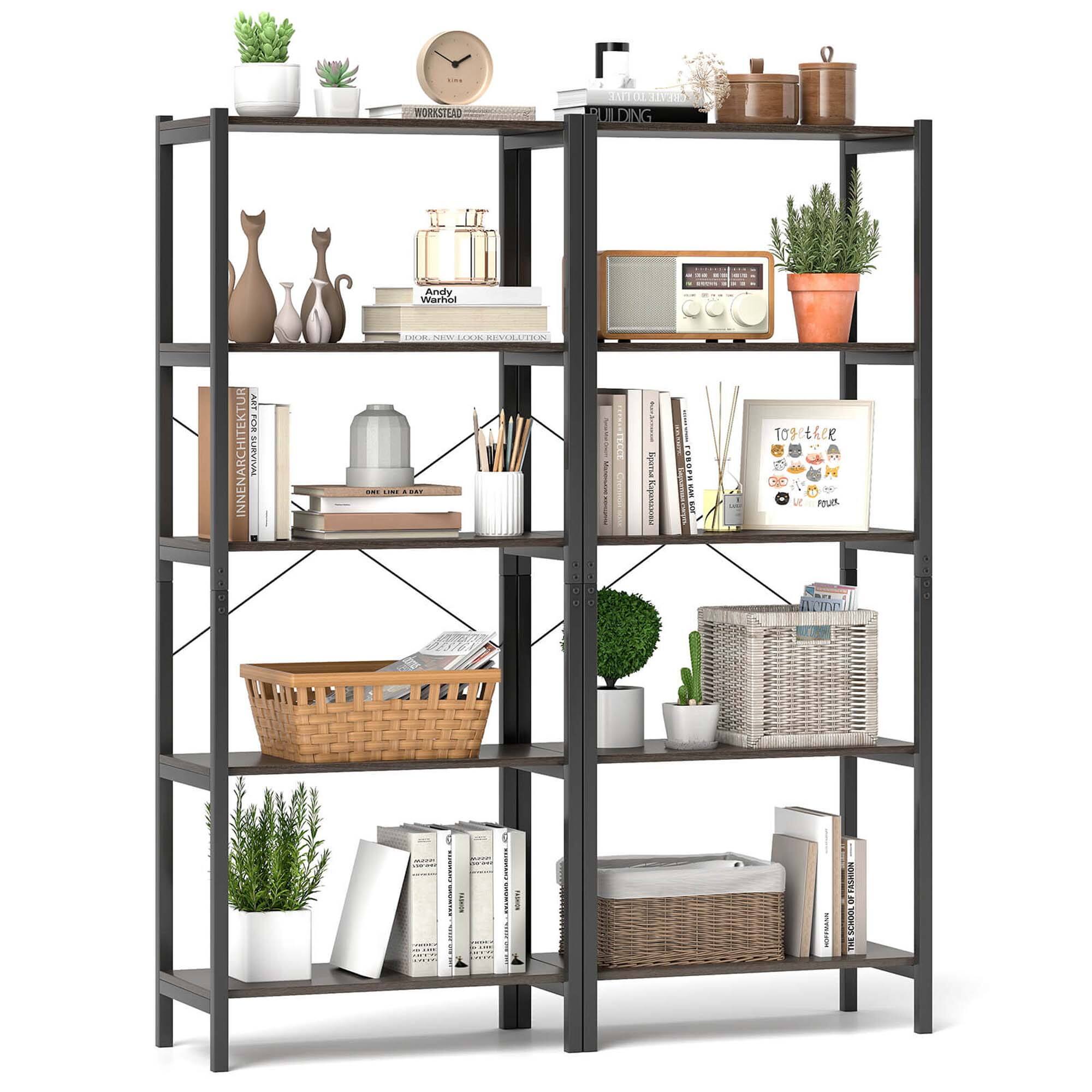 Costway - 2 PCS 5-Tier Bookshelf Bookcase with Metal Frame Dual Anti-Tipping Kits Storage Rack - Oak,Black