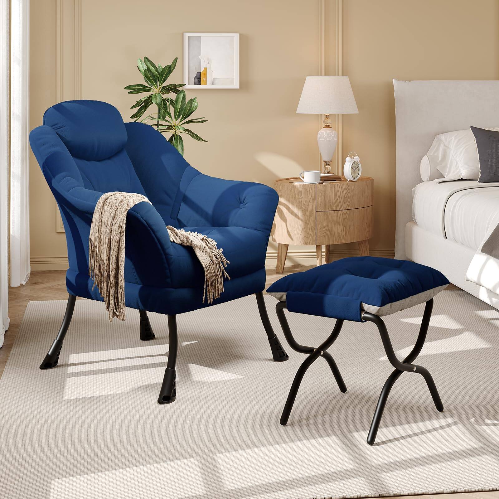 Back. Jojoka - Lazy Chair with Ottoman, Comfy Living Room Armchair with Foldable Ottoman & Detachable Cover - Blue.
