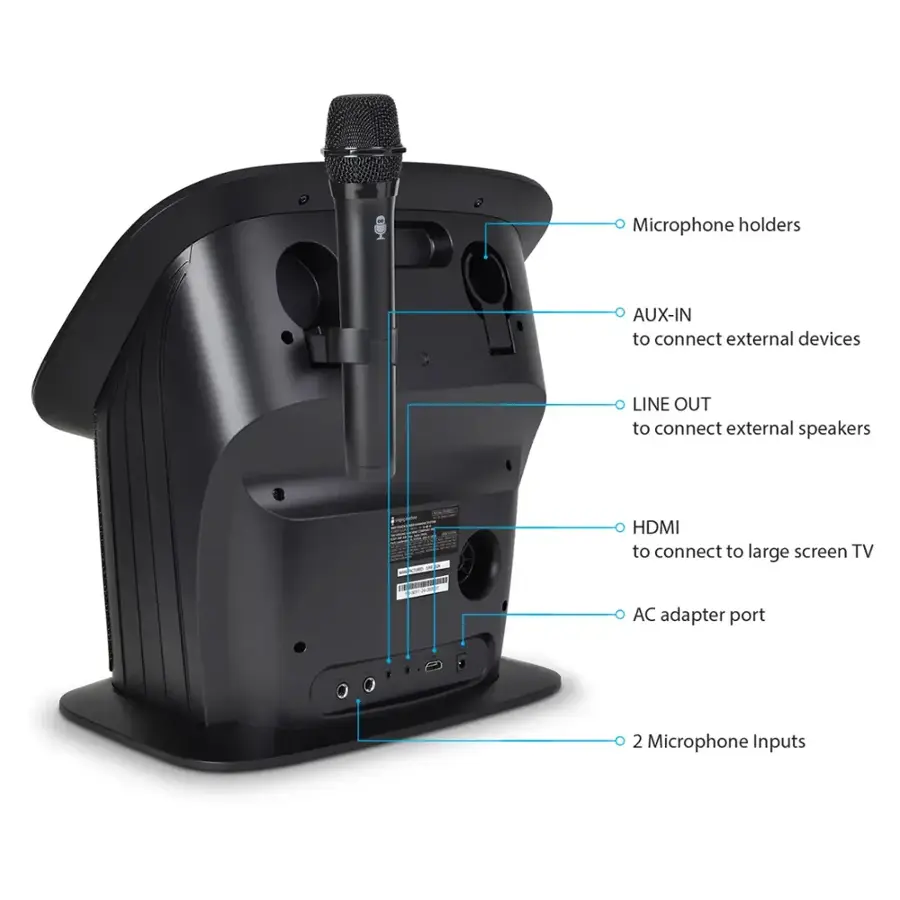 The image shows a device with a microphone and a speaker. The device has a microphone holder and an AUX-IN port to connect external devices. There is also a LINE OUT port to connect external speakers. Additionally, the device has a HDMI port to connect to a large screen TV, and an AC adapter port. The device has two microphone inputs.