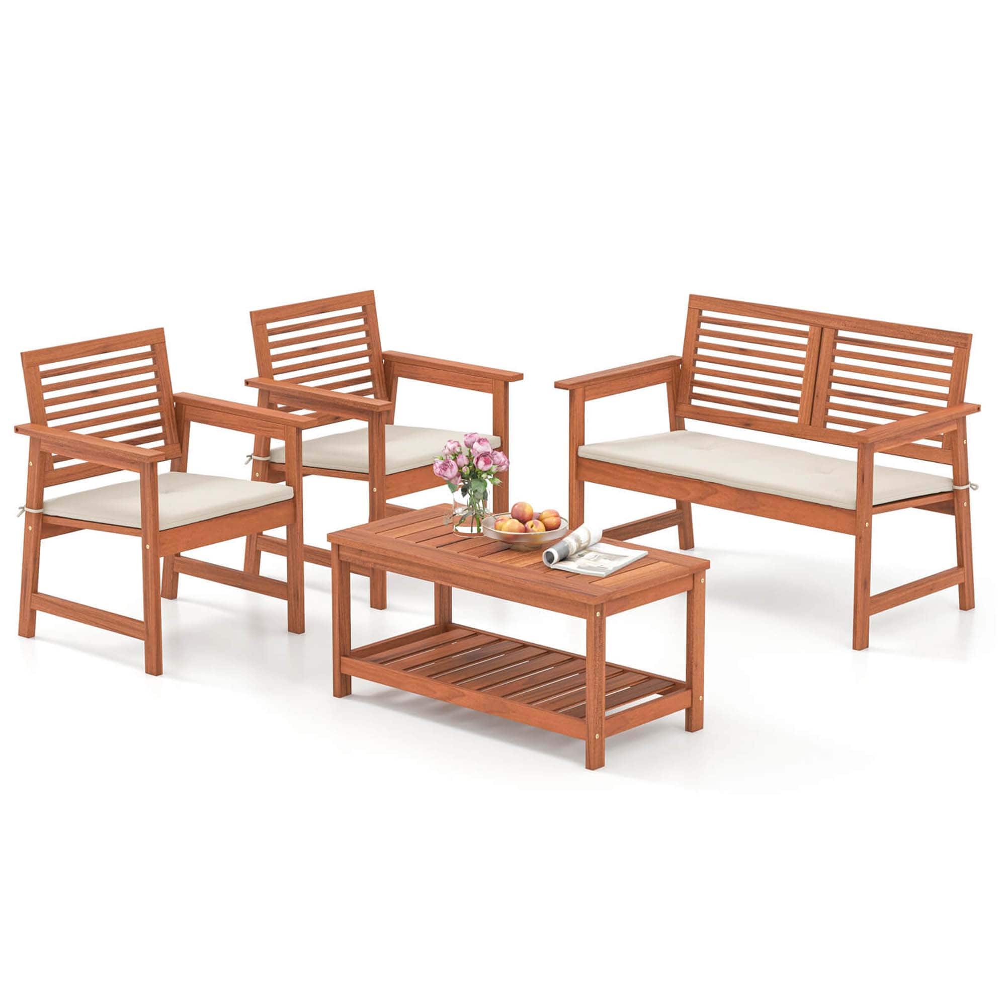 Front. Costway - 4 PCS Patio Conversation Set with Soft Seat Cushions 2-Tier Rectangle Coffee Table - Natural + Off White.