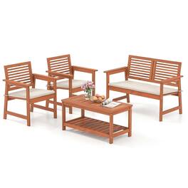 Costway - 4 PCS Patio Conversation Set with Soft Seat Cushions 2-Tier Rectangle Coffee Table - Natural + Off White