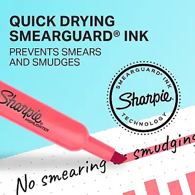 QUICK DRYING SMEARGUARD® INK  
PREVENTS SMEARS AND SMUDGES  

SMEARGUARD® INK  
Sharpie  
TECHNOLOGY  

No smearing  
No smudging