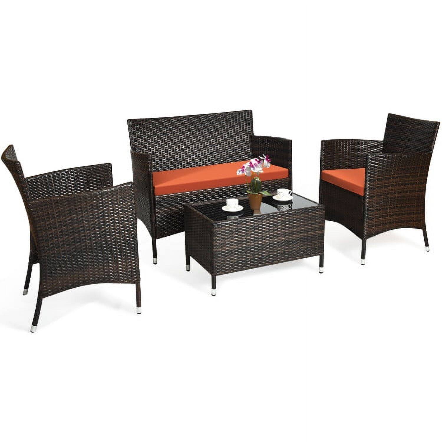 Left. Pefilos - 4 Pieces Padded Outdoor Rattan Sofa Set, Wicker Furniture Sets, Patio Conversation Sets with Glass Coffee Table - Orange.