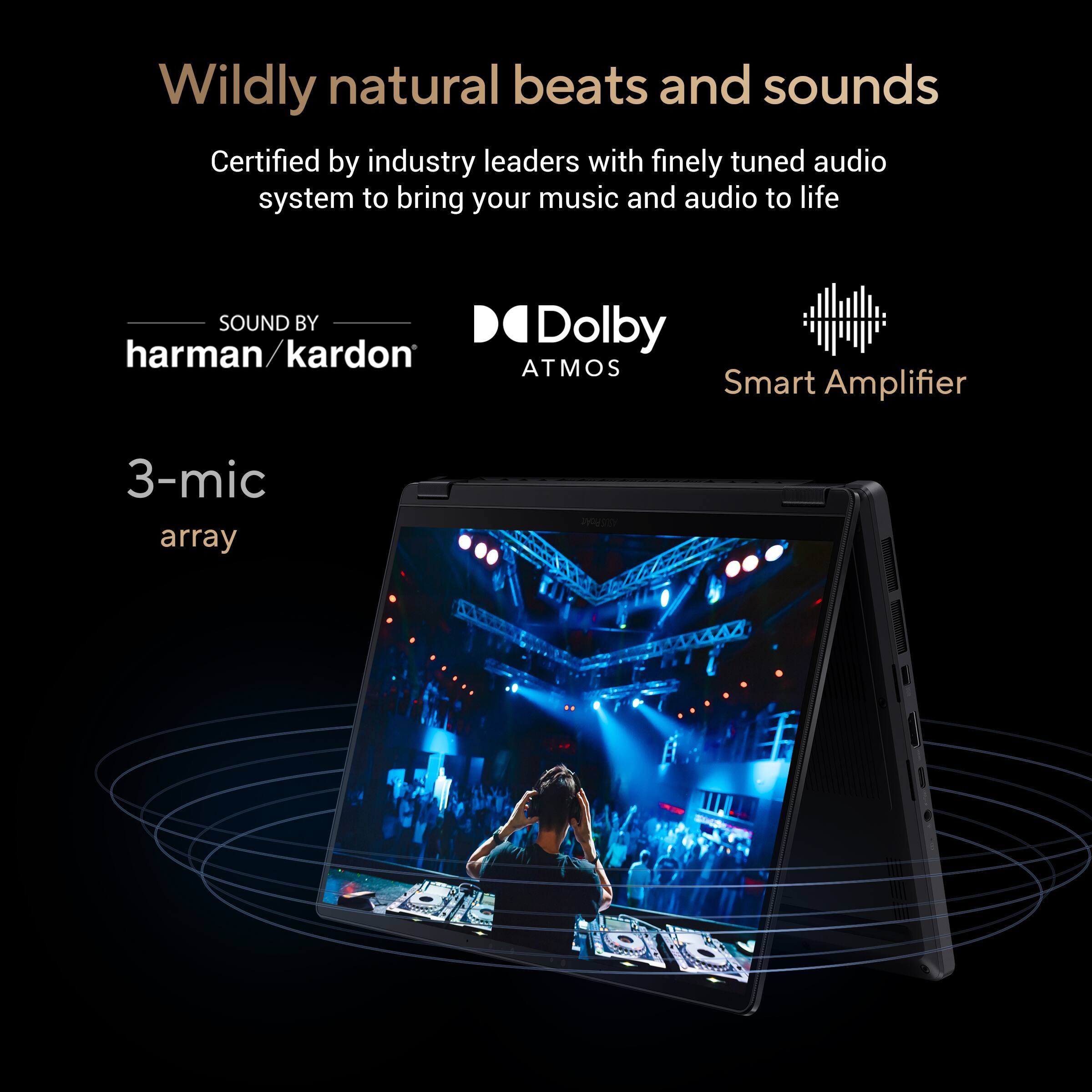 Wildly natural beats and sounds are certified by industry leaders with a finely tuned audio system to bring your music and audio to life. Sound by Dolby, Harman/Kardon, and ATMOS Smart Amplifier, along with a 3-mic array, are featured in the image.