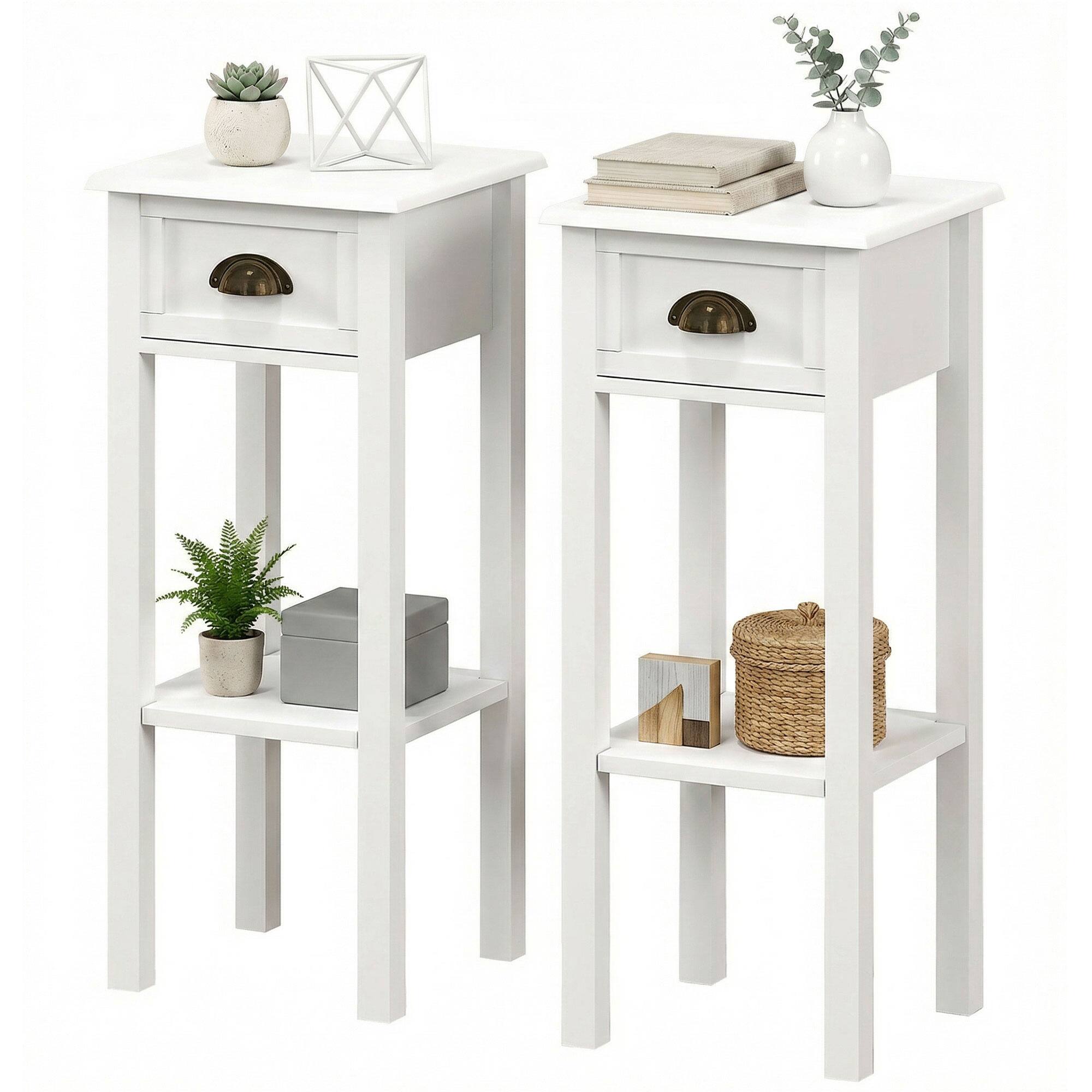 Front. Homcom - Side Tables Set of 2 with Drawer and Shelf - White.
