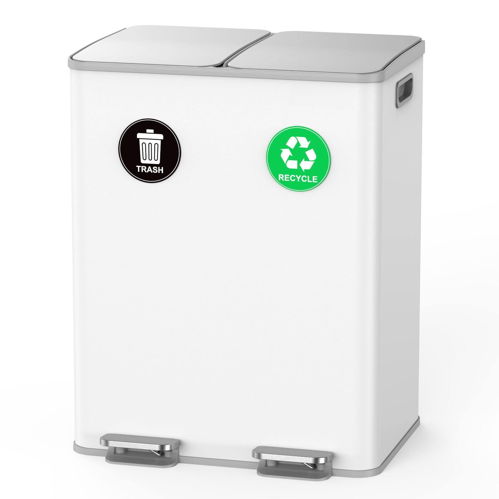Eden Trails - Trash Can For Kitchen Dual Compartment Recycling Step Bin Stainless Steel And Recycle Combo With Soft-close Lid - White 2 x 8 Gallon (2 x 30 L)