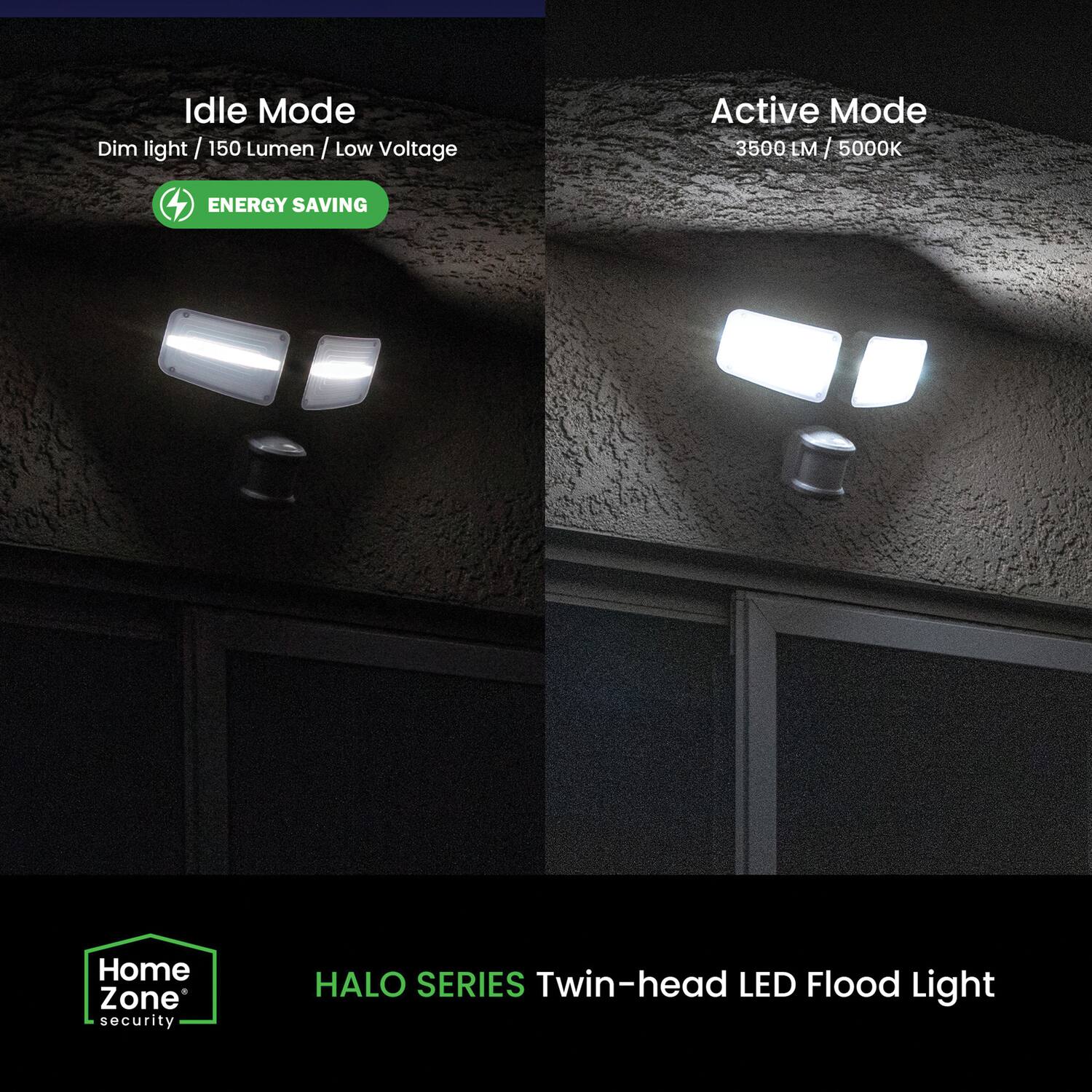Idle Mode  
Dim light / 150 Lumen / Low Voltage  

Active Mode  
3500 LM / 5000K  

ENERGY SAVING  

Home Zone security  

HALO SERIES Twin-head LED Flood Light
