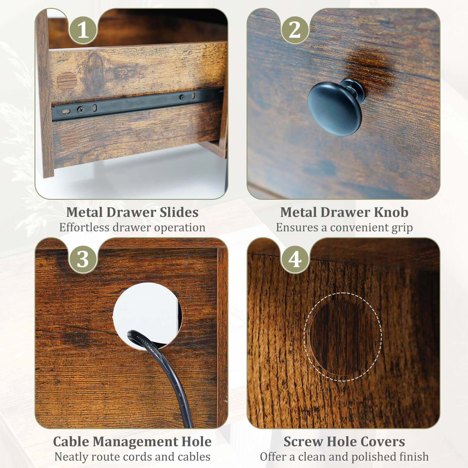 1. Metal Drawer Slides  
Effortless drawer operation

2. Metal Drawer Knob  
Ensures a convenient grip

3. Cable Management Hole  
Neatly route cords and cables

4. Screw Hole Covers  
Offer a clean and polished finish